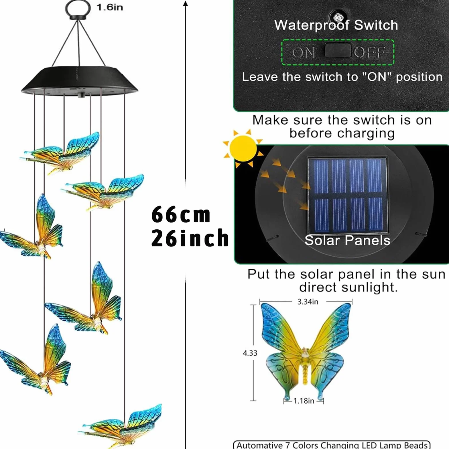 Campanilla de Viento Mariposa Solar LED Cambia Color Impermeable Decoración Jardín Patío Regalo
