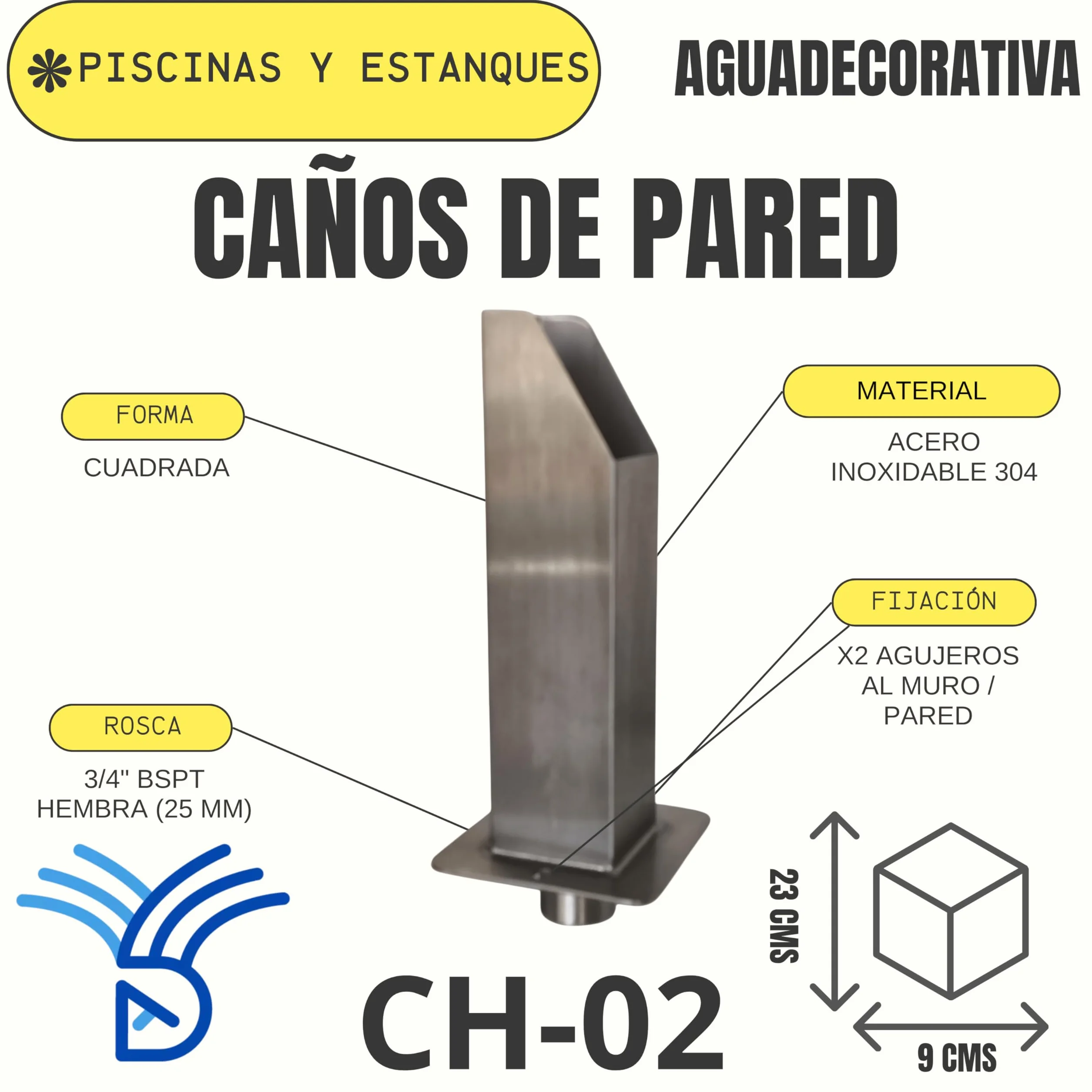 Boquillas para Fuente de Agua en Muro Caño de Pared Efecto Cascada Decoración Piscina AGUADECORATIVA CH-02