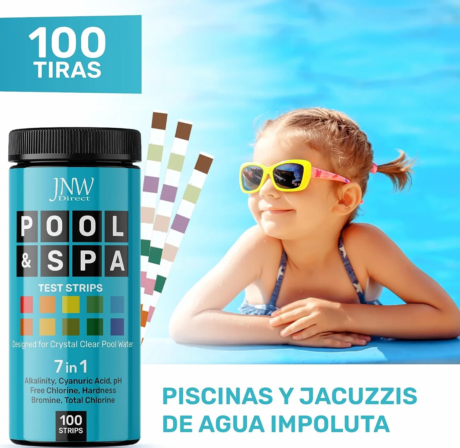 JNW Direct Tiras pH para agua de piscina y spa - Kit analizador de cloro y pH 7 en 1 con eBook