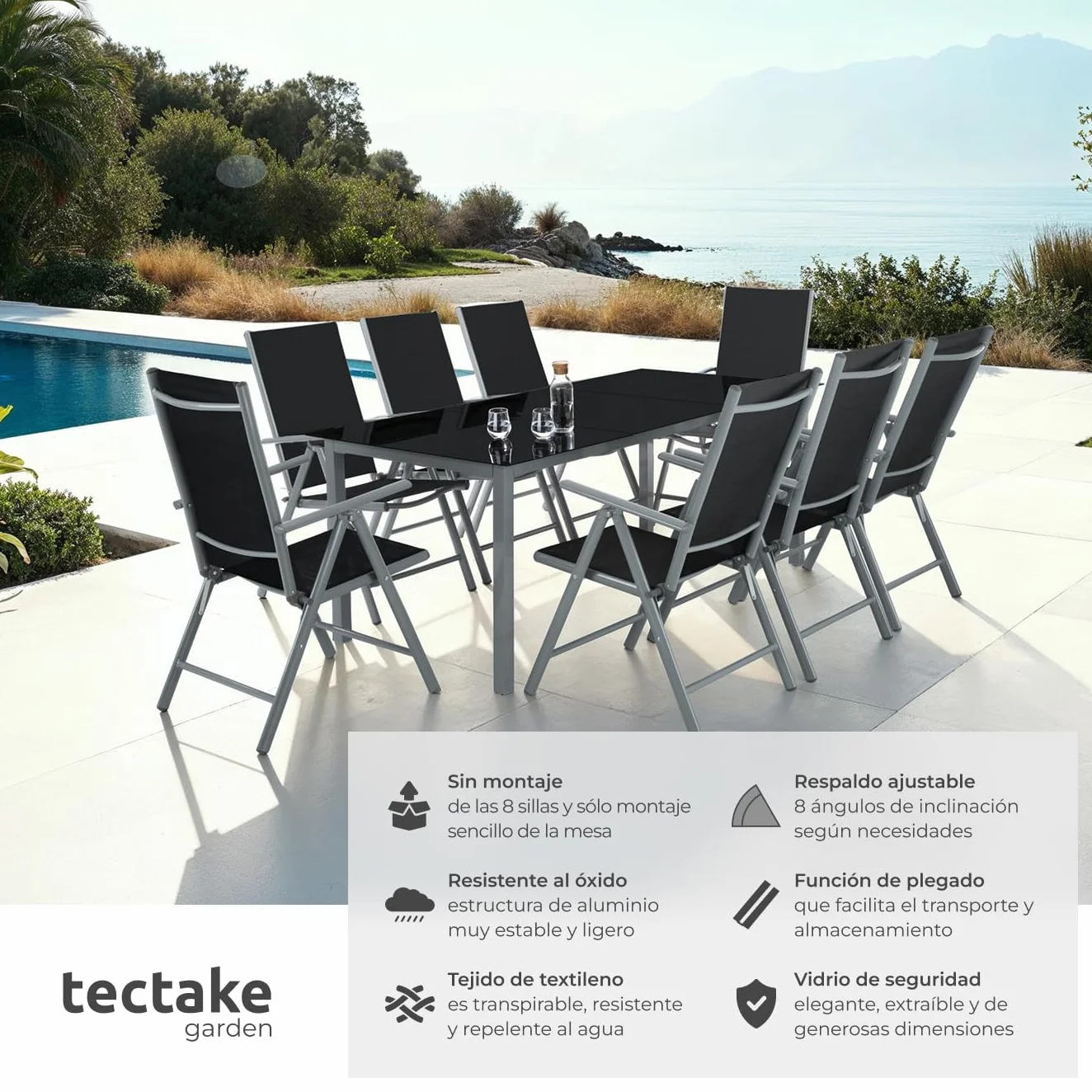 tectake Conjunto Muebles Jardín Exterior 9 Piezas, Aluminio, Mesa y Sillas Terraza Impermeables, Antracita