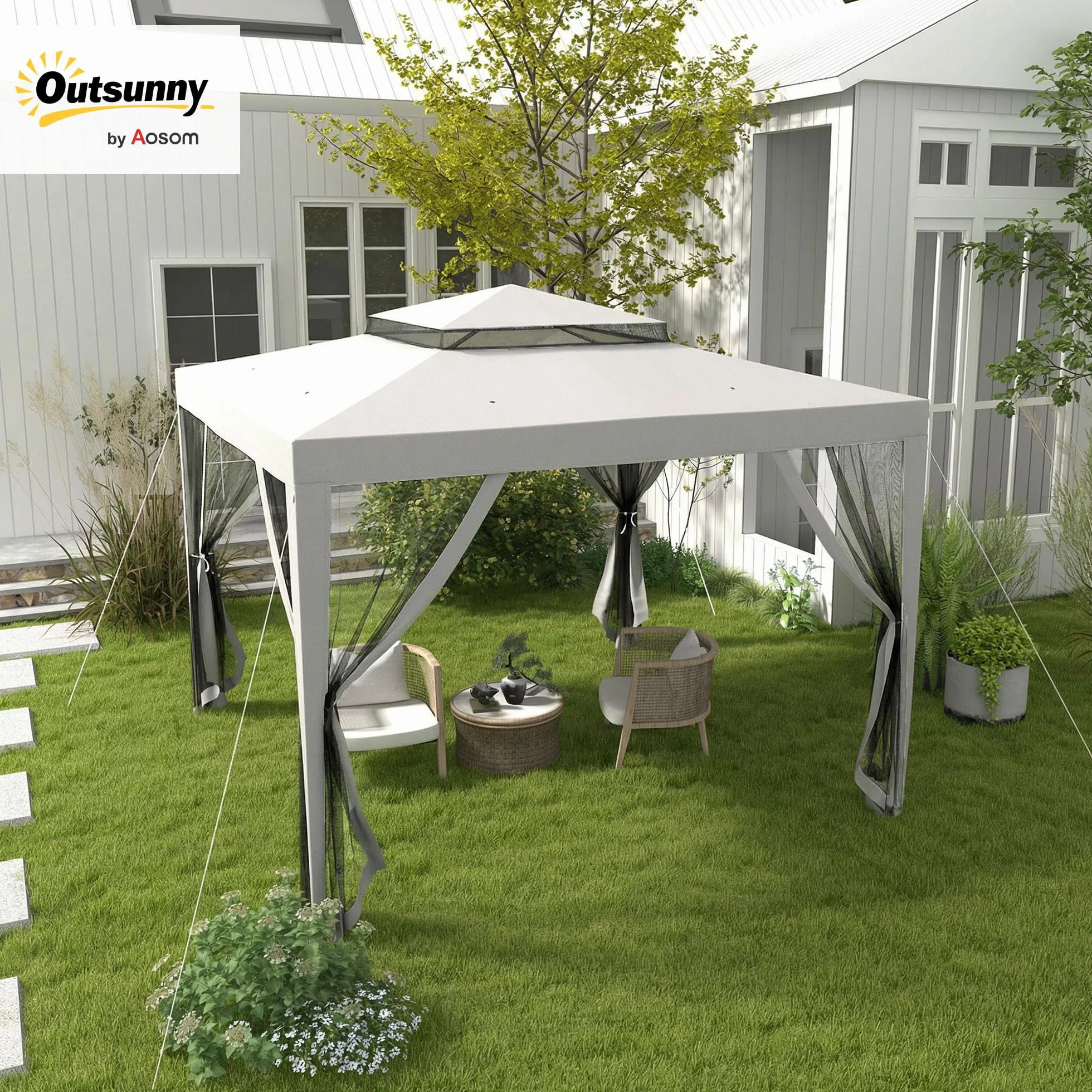 Outsunny Carpa de Jardín 3x3 m Cenador Desmontable de Exterior Gazebo con 4 Mosquiteras Laterales Techo Doble y Marco Metálico Anti-UV Impermeable Pabellón para Terraza Patio Gris
