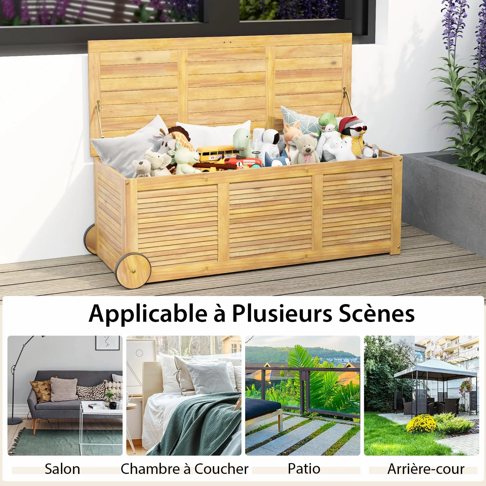 GOPLUS Caja de almacenamiento exterior 182L rodante madera de acacia con ruedas asa lateral impermeable