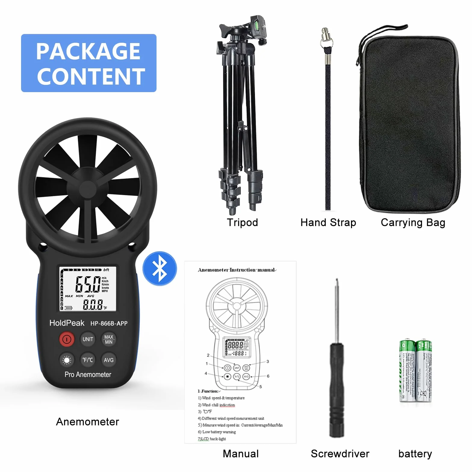 HOLDPEAK HP-866B-APP Anemómetro digital de mano con Bluetooth inalámbrico para medir velocidad del viento, trípope incluido (negro)
