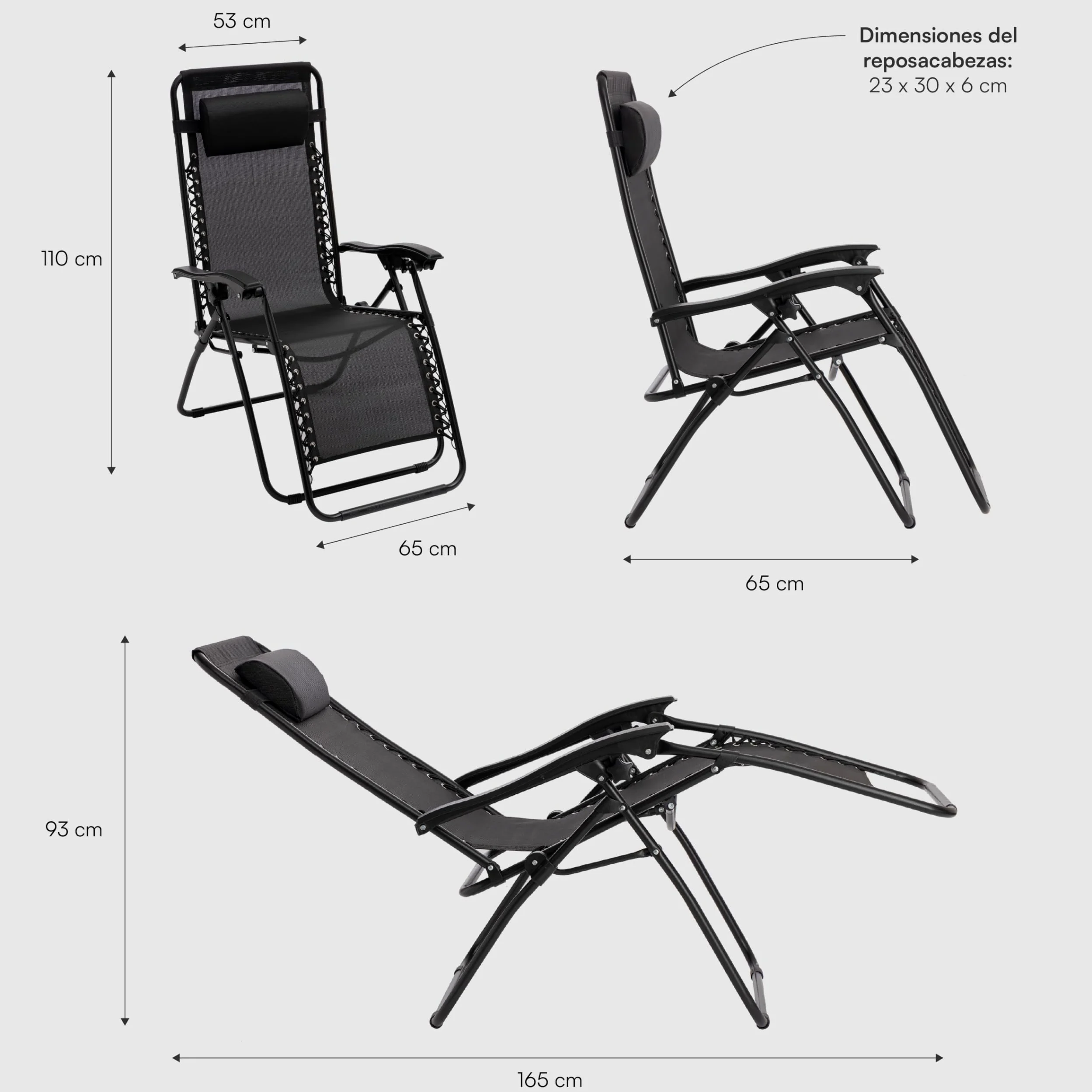 Baroni Home Tumbona Plegable y Reclinable para Jardín y Terraza, Silla Zero Gravity para Playa y Piscina, Tumbonas Relax Cómoda 165x65x113 cm, Gris Antracita