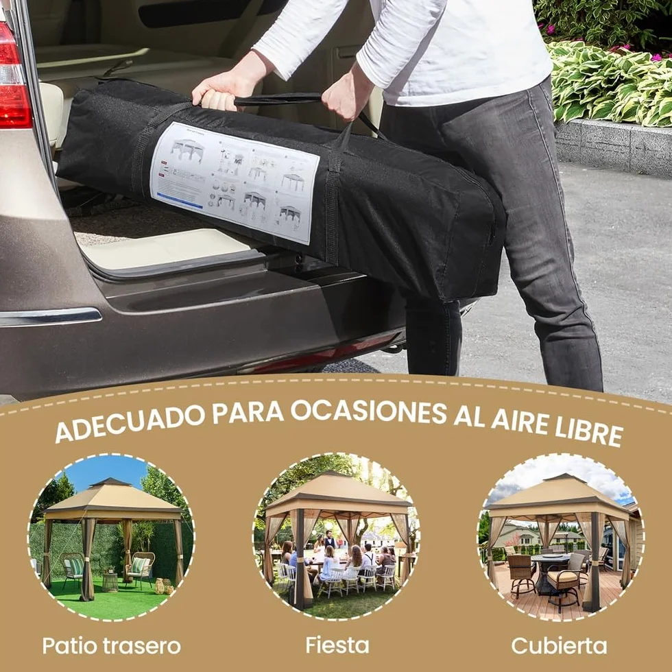 Yaheetech Carpa Plegable 3.3x3.3m Cenador Exteriores con 4 Mosquiteras con Cremallera,Altura Ajustable de 271-291cm,Resistente al Viento,Montaje Rápido,Ideal para Jardín y Patio,Color Caqui