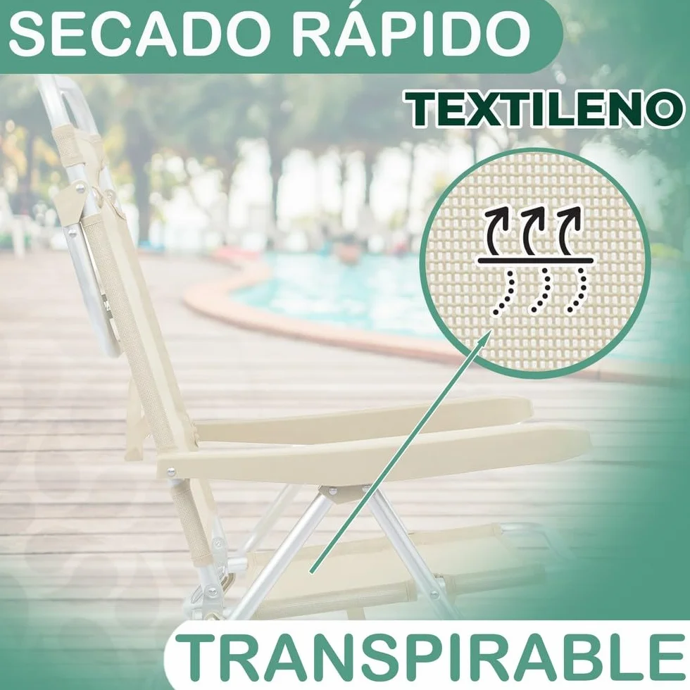 LOLAhome Sillas Playa Plegables Beige Aluminio 4 Posiciones Respaldo Textileno Transpirable