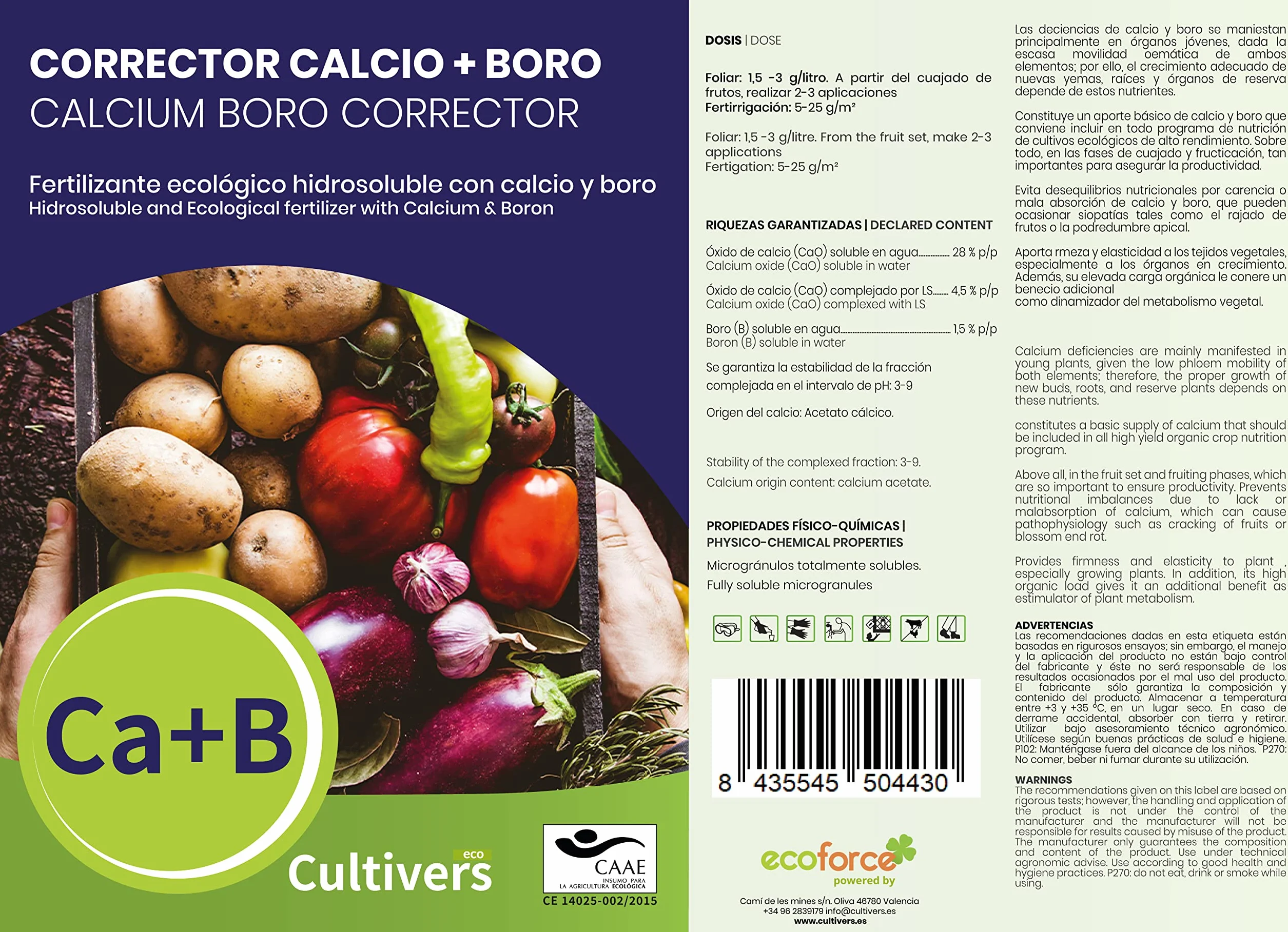 CULTIVERS Abono Calcio y Boro 1 kg Fertilizante Ecológico 100% Soluble Force Ca+B Eco