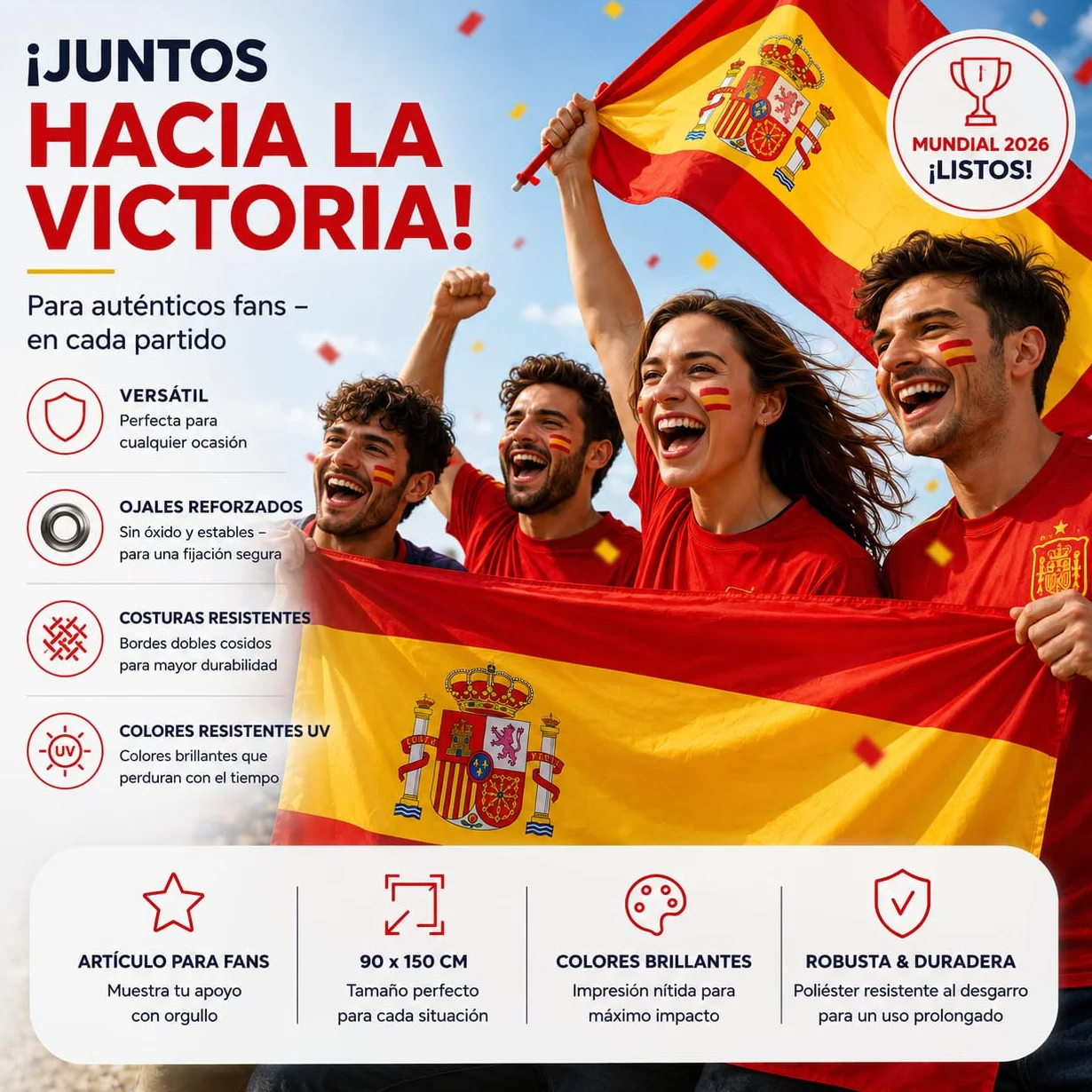 Bandera de España Copa del Mundo 2026 90 x 150 cm poliéster resistente ojales metálicos
