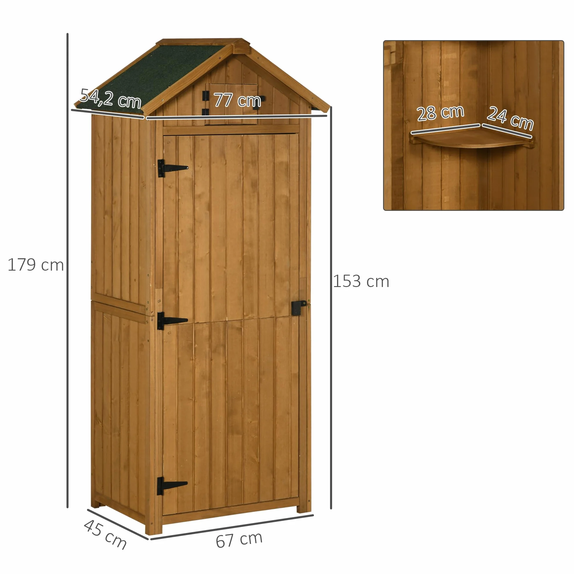Outsunny Armario de Jardín Madera 77x54,2x179 cm Cobertizo Almacenaje Herramientas 3 Estantes 2 Puertas Cerrojo