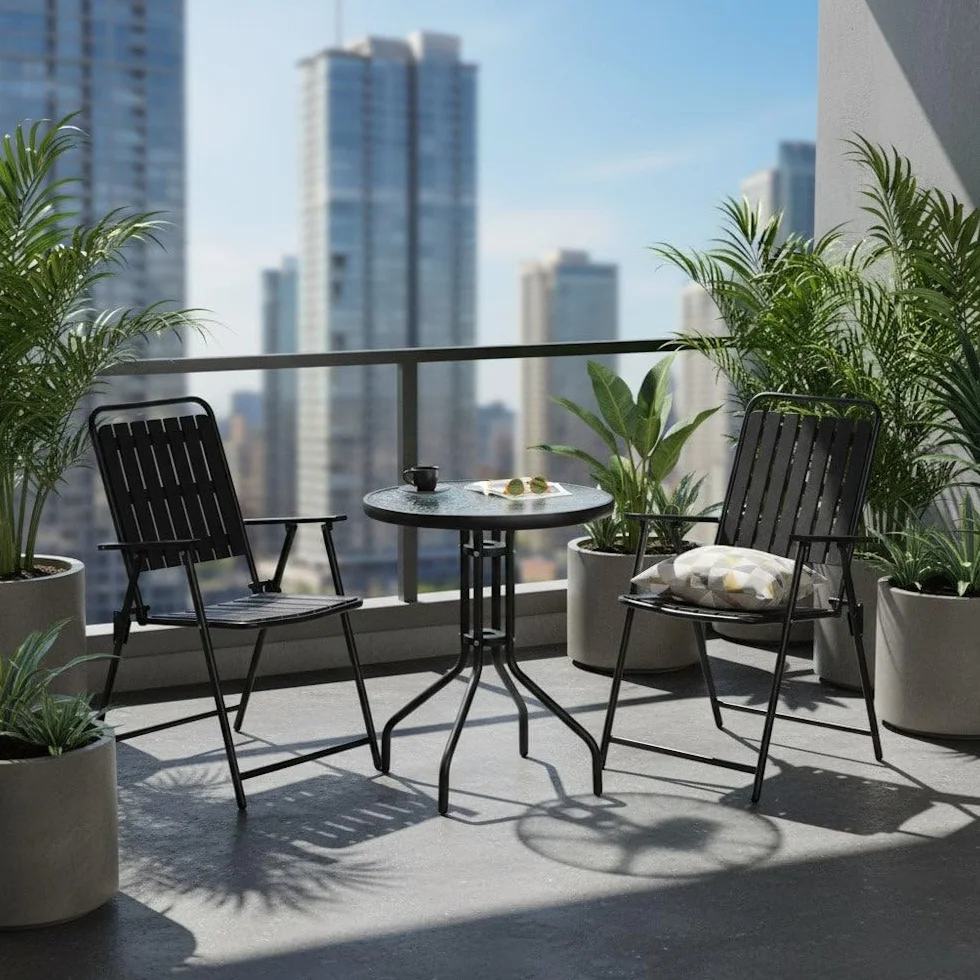 Monty Set de Jardín Bistro 3 Piezas Mesa 60cm 2 Sillas Plegables Negras Acero Polipropileno Cristal Templado
