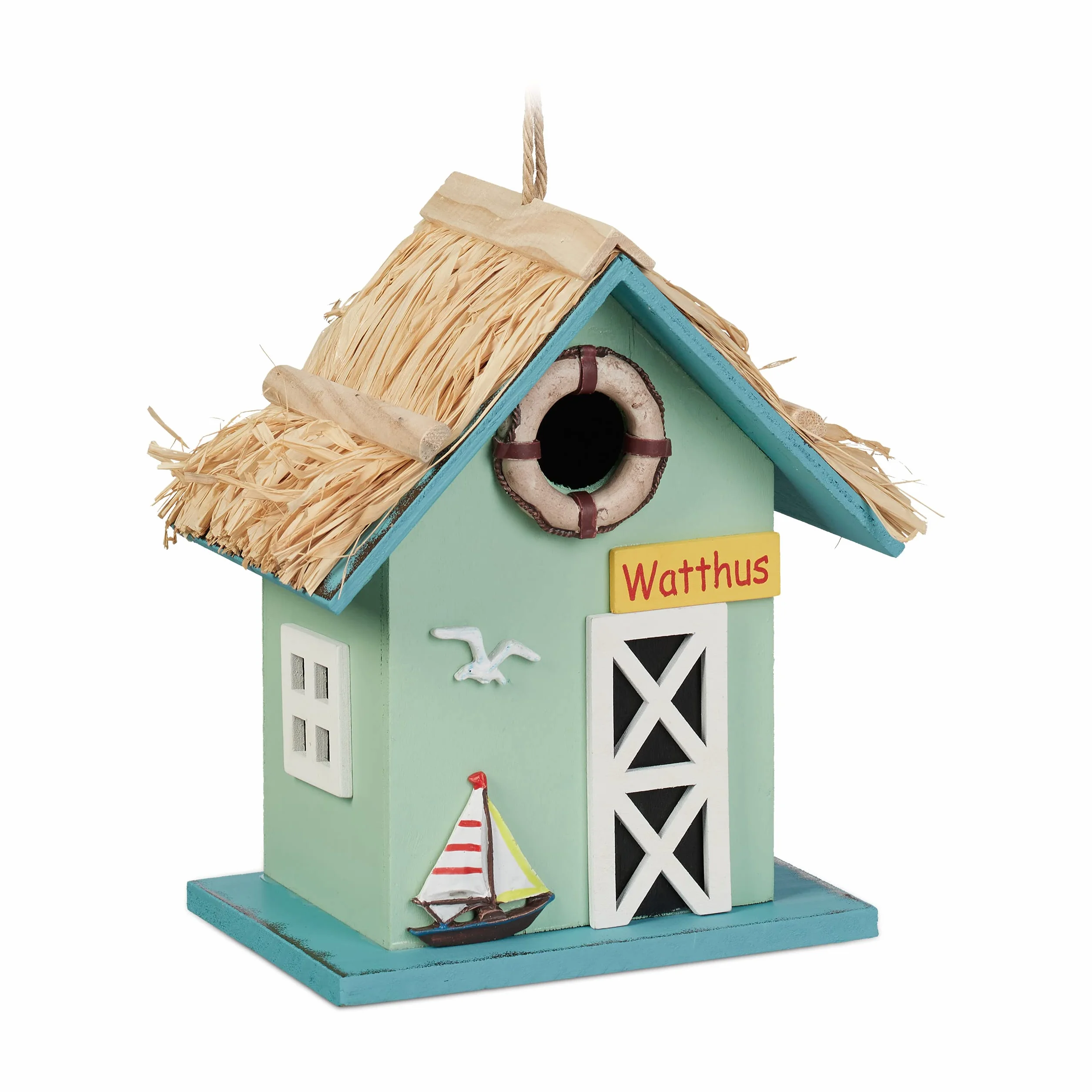 Relaxdays Casa Pájaro Decorativa Estilo Casita de Playa, Comedero Colgante de Madera, 24,5x19x13,5cm, Multicolor