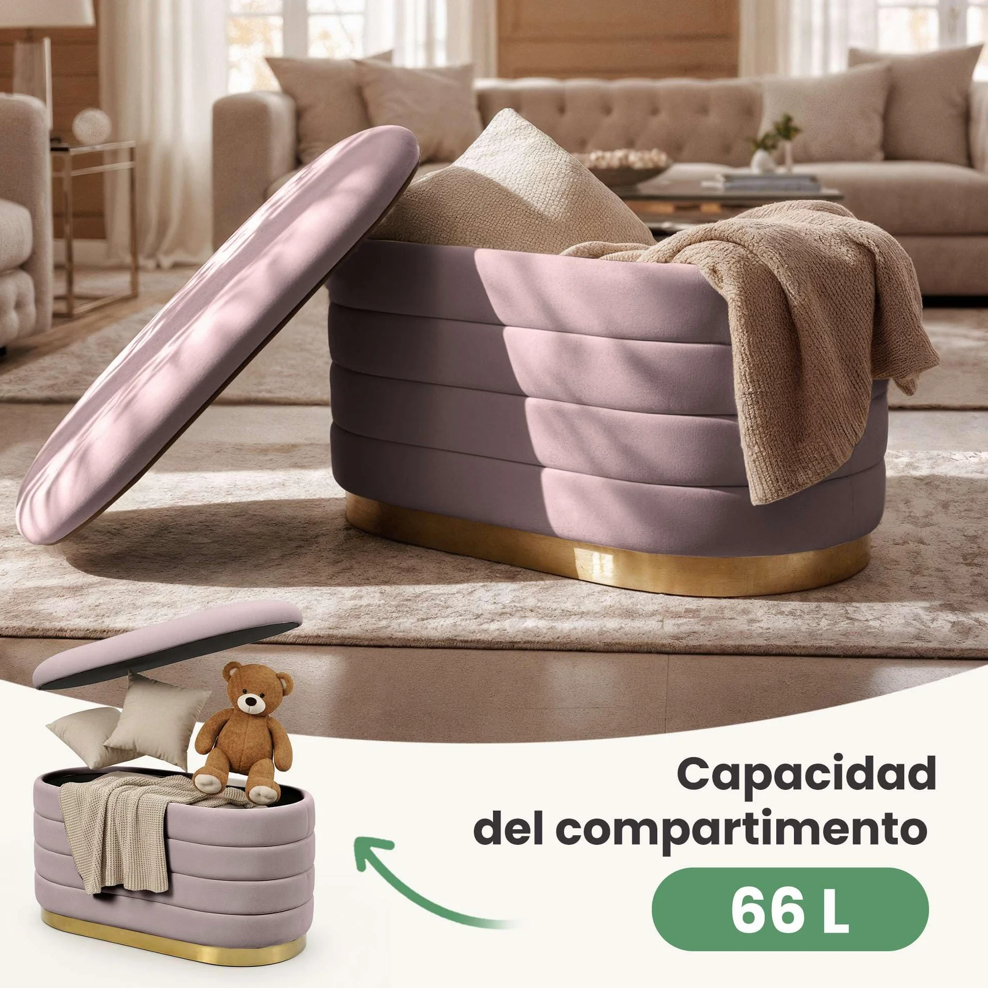 AKORD Banqueta con Almacenamiento en Terciopelo 80 cm, Banco de Cama Tapizado, Patas de Metal Dorado, Rosa empolvado