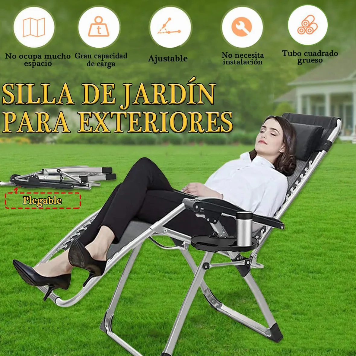 Tumbona Plegable Interior, Tumbonas Jardin Exterior Acolchada Pack de 2 Silla Gravedad Cero Reclinable Camping con Soporte para Bebidas Carga MáXima 200kg (Cojín Negro)