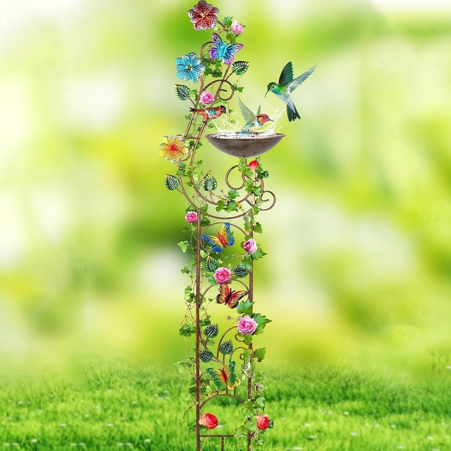Baño De Agua Para Pájaros De Jardín Con Estaca De Diseño Artístico Y | Bebederos Autoportantes Para Pájaros Para Jardín, Patio, Terraza, Jardín Trasero Y Patio Interior