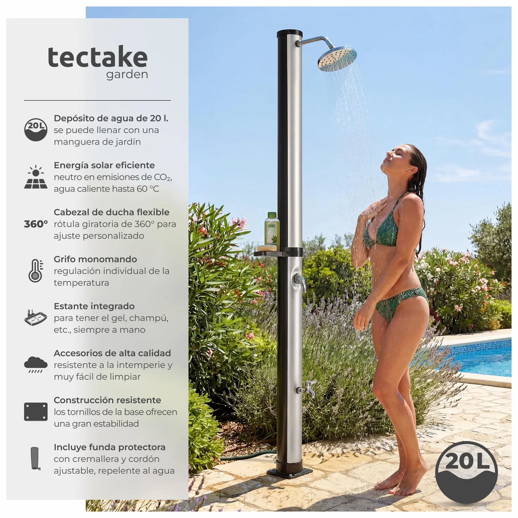 Tectake Ducha Solar Exterior 20 L 360° Resistente Intemperie Negro/Plata