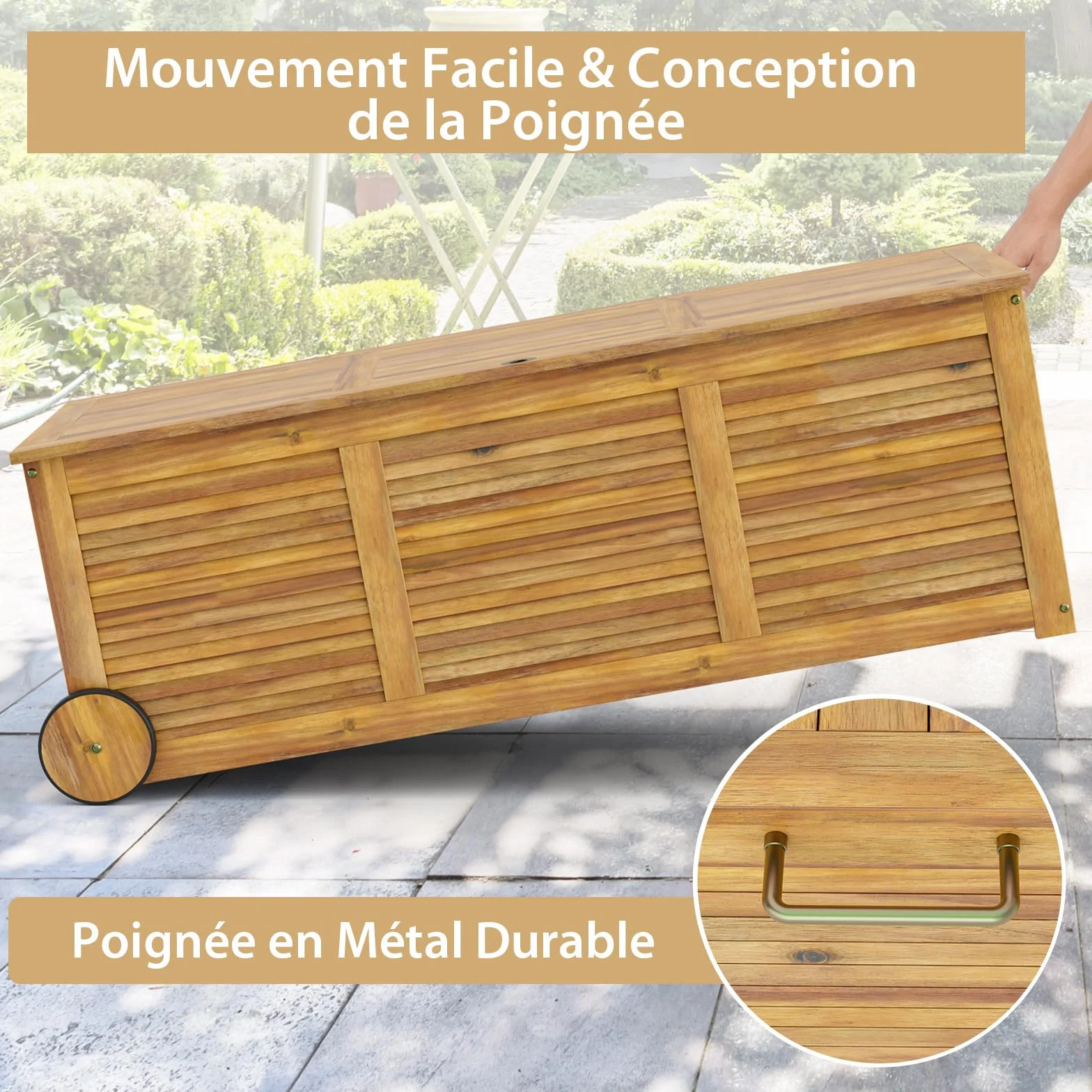 GOPLUS Caja de almacenamiento exterior 182L rodante madera de acacia con ruedas asa lateral impermeable