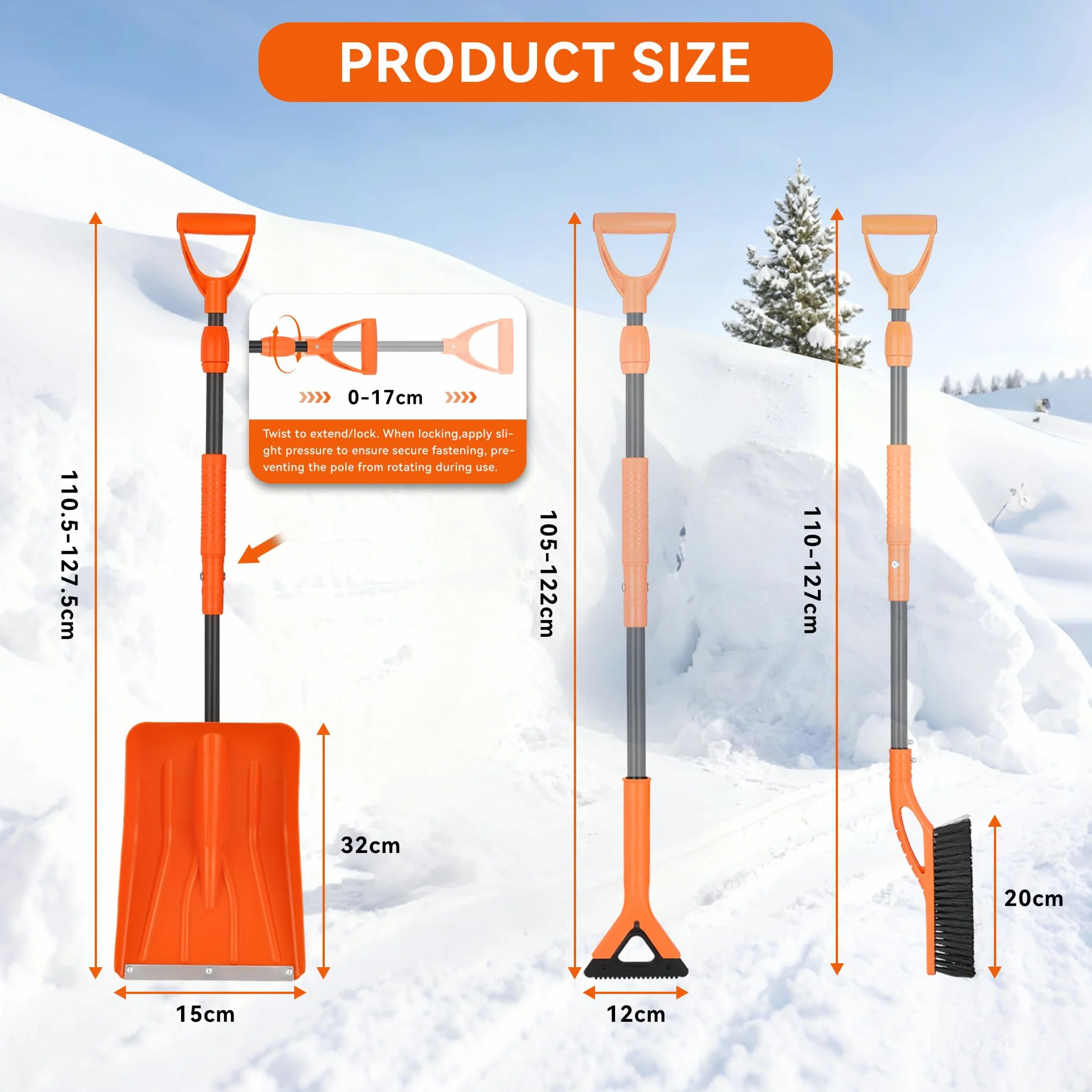 Kit de pala de nieve plegable 3 en 1 con cepillo y raspador de hielo, varilla telescópica de 127 cm