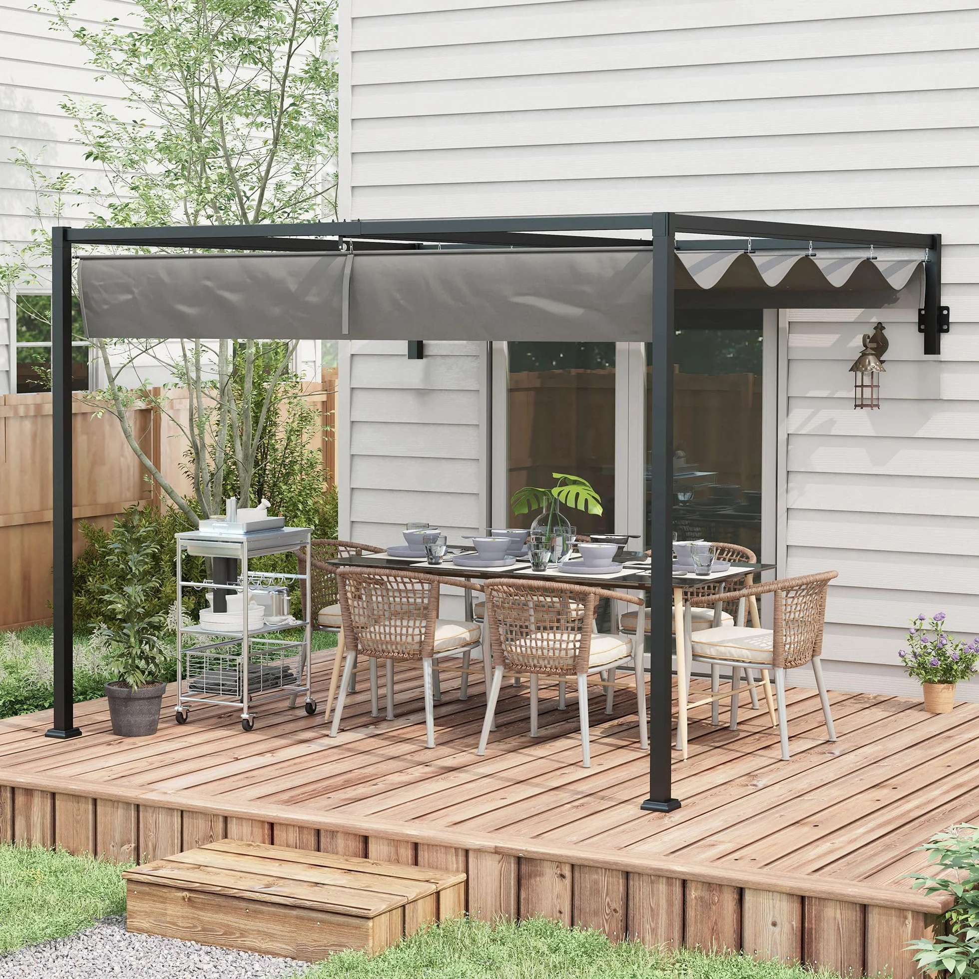 Outsunny Pérgola cenador de 3 x 4 m con Techo retráctil y Orificios de Drenaje, pérgola de jardín de Acero y poliéster con piquetas y Tornillos, Gris Oscuro
