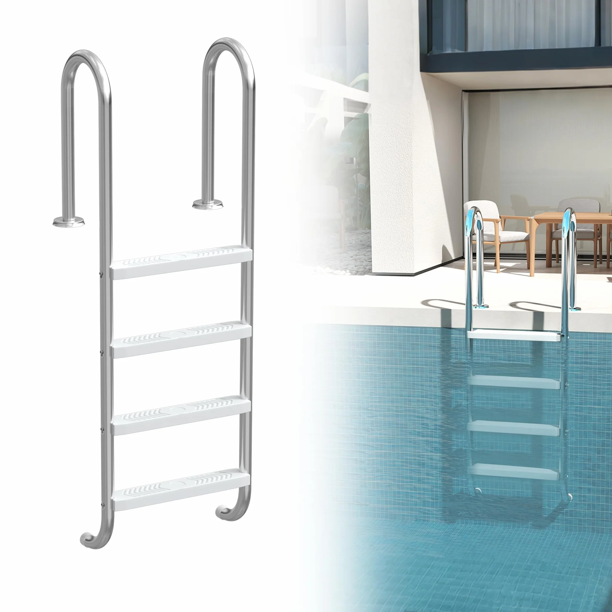 XMTECH Escalera de piscina acero inoxidable 4 peldaños incluye material montaje anclaje plástico almohadillas antideslizantes plateada