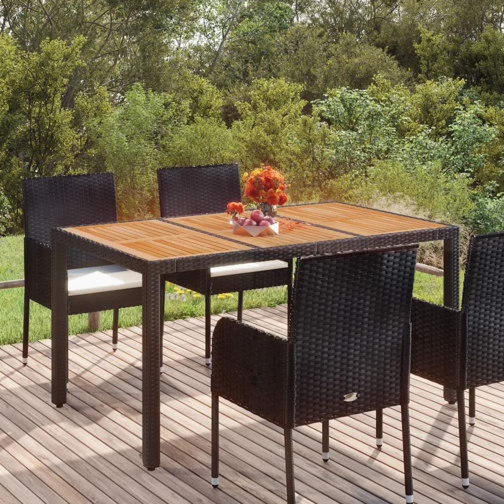 Mesa de jardín de ratán sintético negro 150 x 90 x 75 cm con tablero de madera de acacia maciza, mesa de jardín resistente al agua para terraza y jardín, marco de acero pulverizado