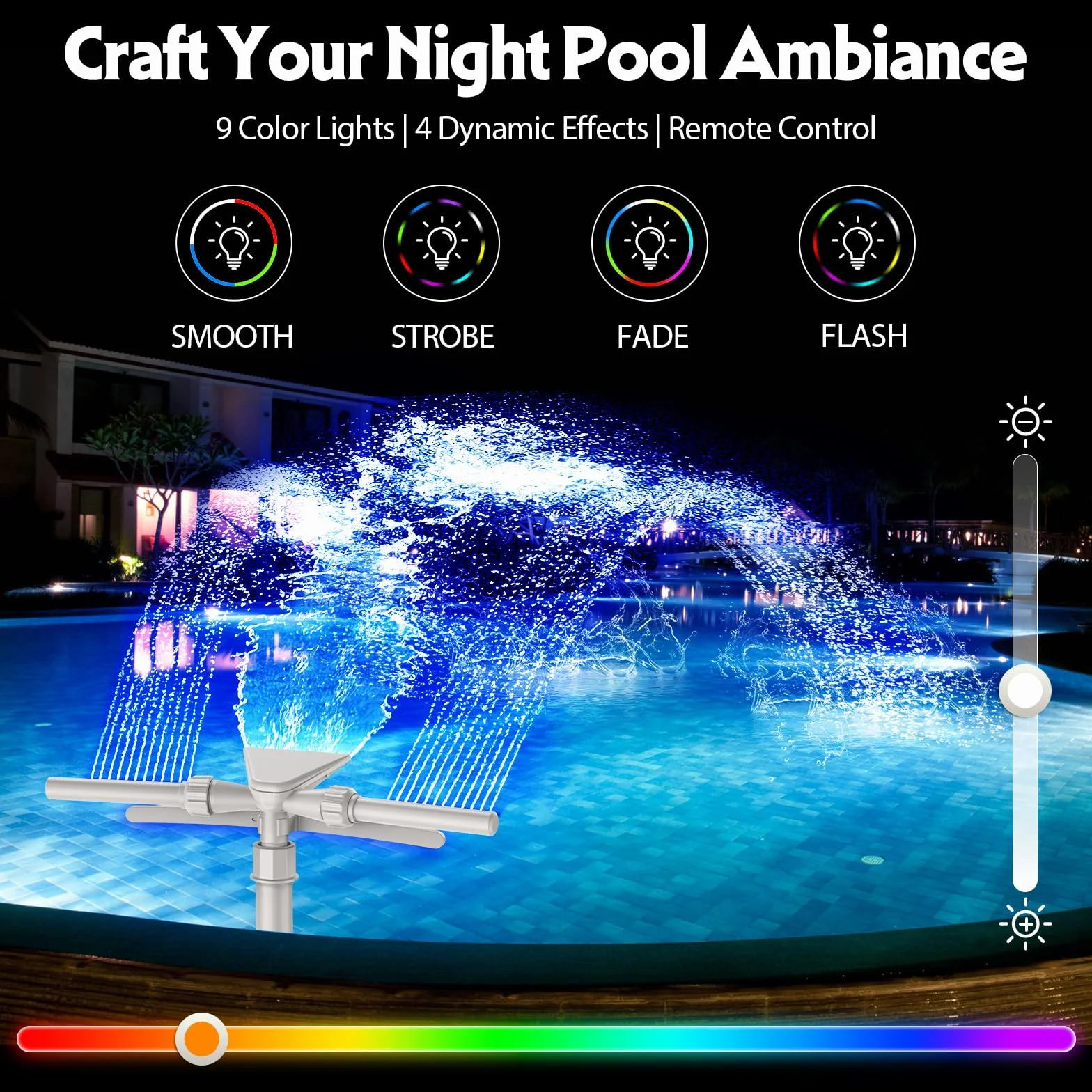 Cascada Solar para Piscina LED 9 Colores Aspersor Fuente 2 en 1 Doble Cabeza Ajustable Mando a Distancia