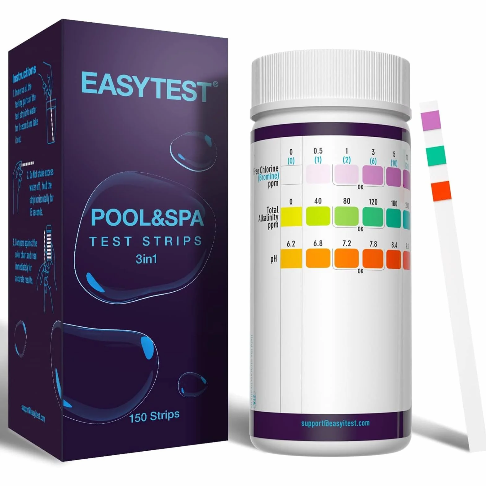 EASYTEST 150 Tiras de Prueba 3 en 1 para Piscina y SPA, Kit de Prueba de Agua pH Alcalinidad Cloro Bromo