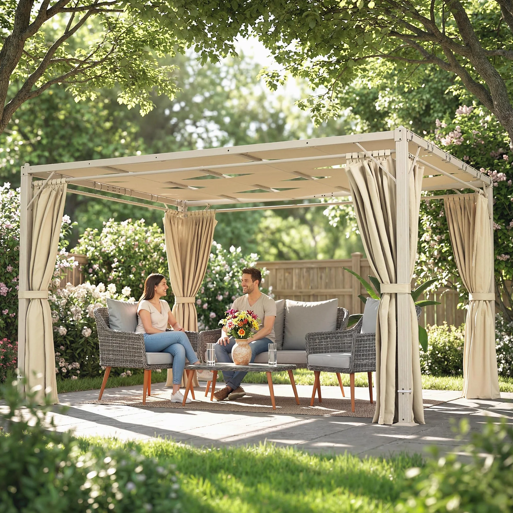 Outsunny Pérgola de Jardín 3x4 m Cenador con Techo Ondulado, Cortinas Desmontables, Estructura Acero, Protección UPF50+, Beige