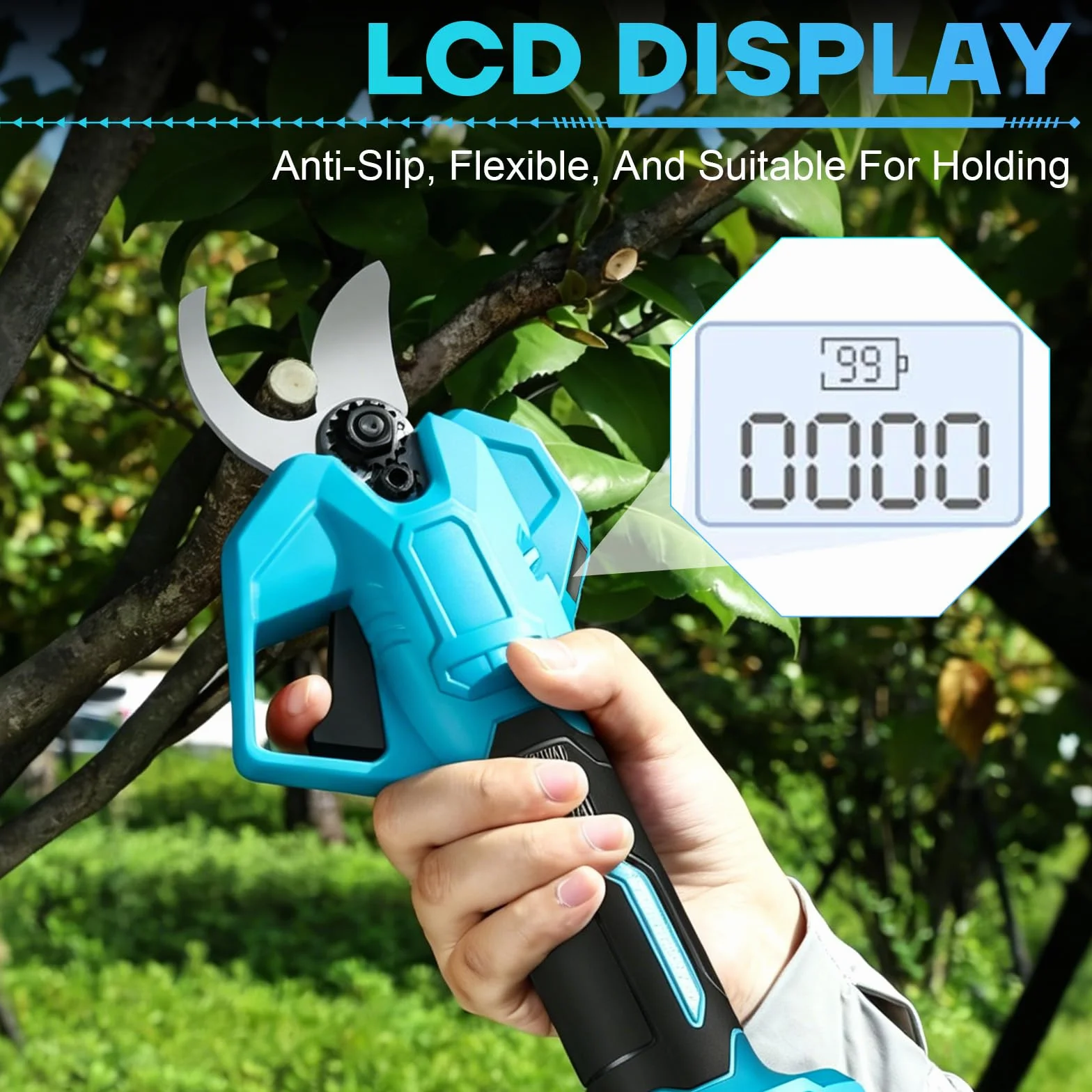Tijeras de podar eléctricas con batería con motor sin escobillas, cuchillas SK5, batería recargable con indicador de carga, diámetro máximo de corte de 50 mm, para el jardín, 2 baterías de 1500 mAh