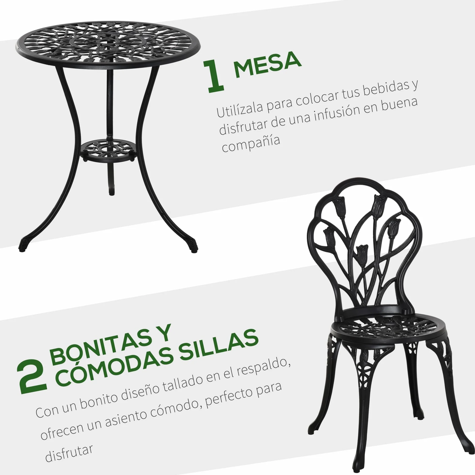 Outsunny Conjunto de Mesa y Sillas de Terraza Exterior de Aluminio de 3 Piezas Muebles de Jardín con Respaldo con Patrón de Tulipán y Mesa con Orificio para Sombrilla Negro