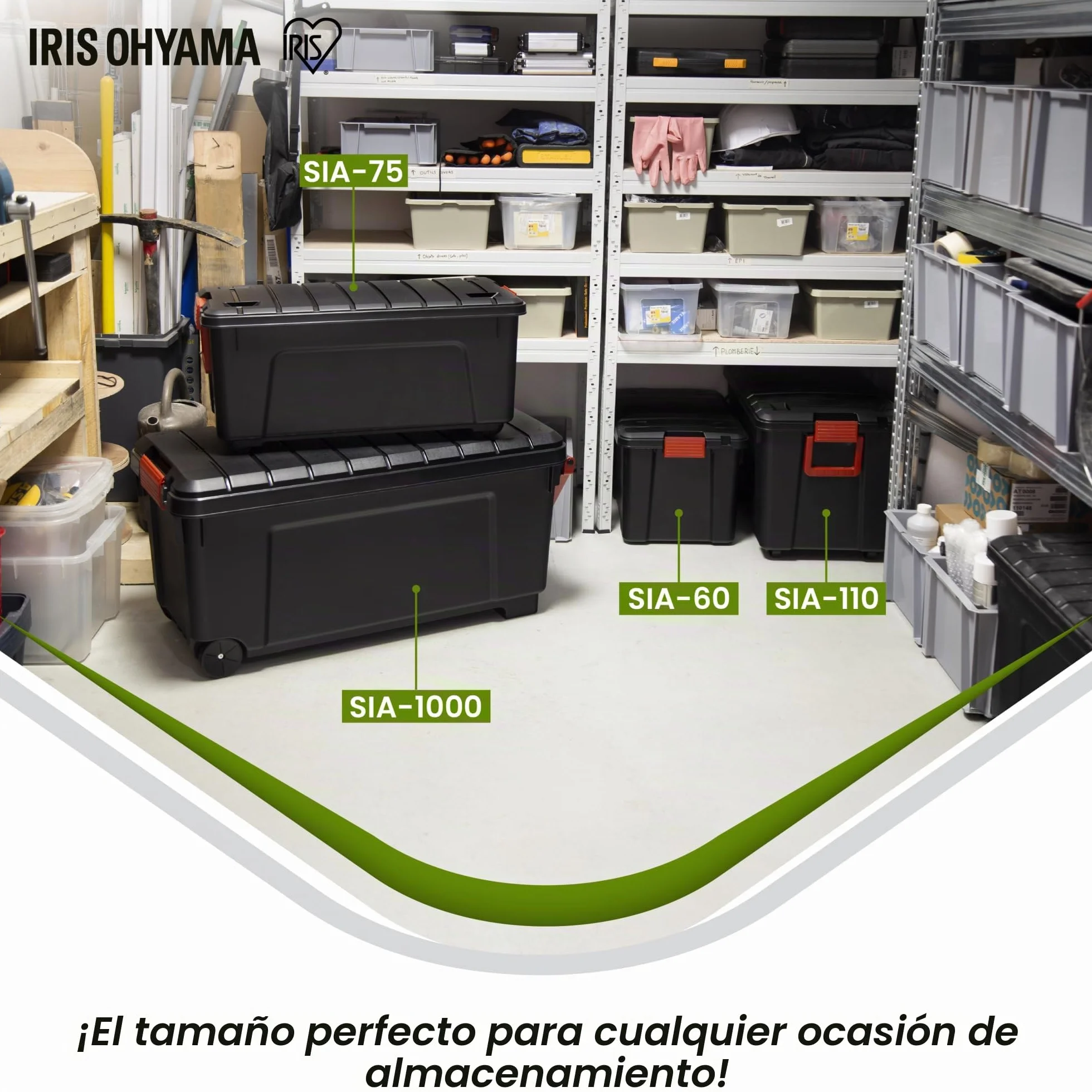 Iris Ohyama Caja de almacenamiento de plástico 60 L SIA-60 Apilable Negro Lote de 3