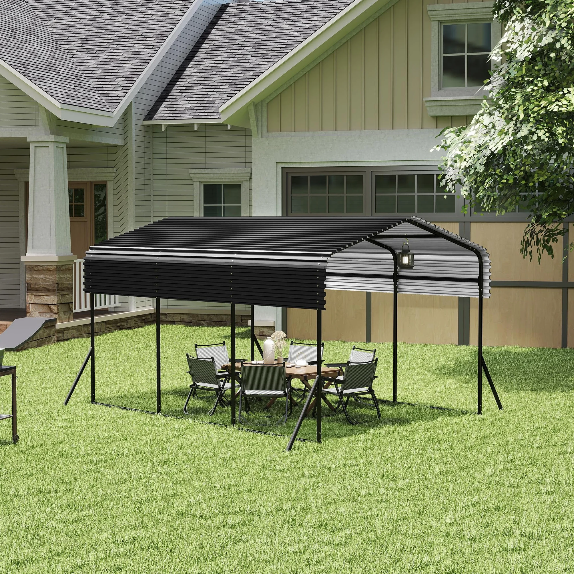 FIVMEN Carport Metal 300 x 450 cm Dosel para Coche Techo Puntiagudo Chapa Trapezoidal Resistente Intemperie