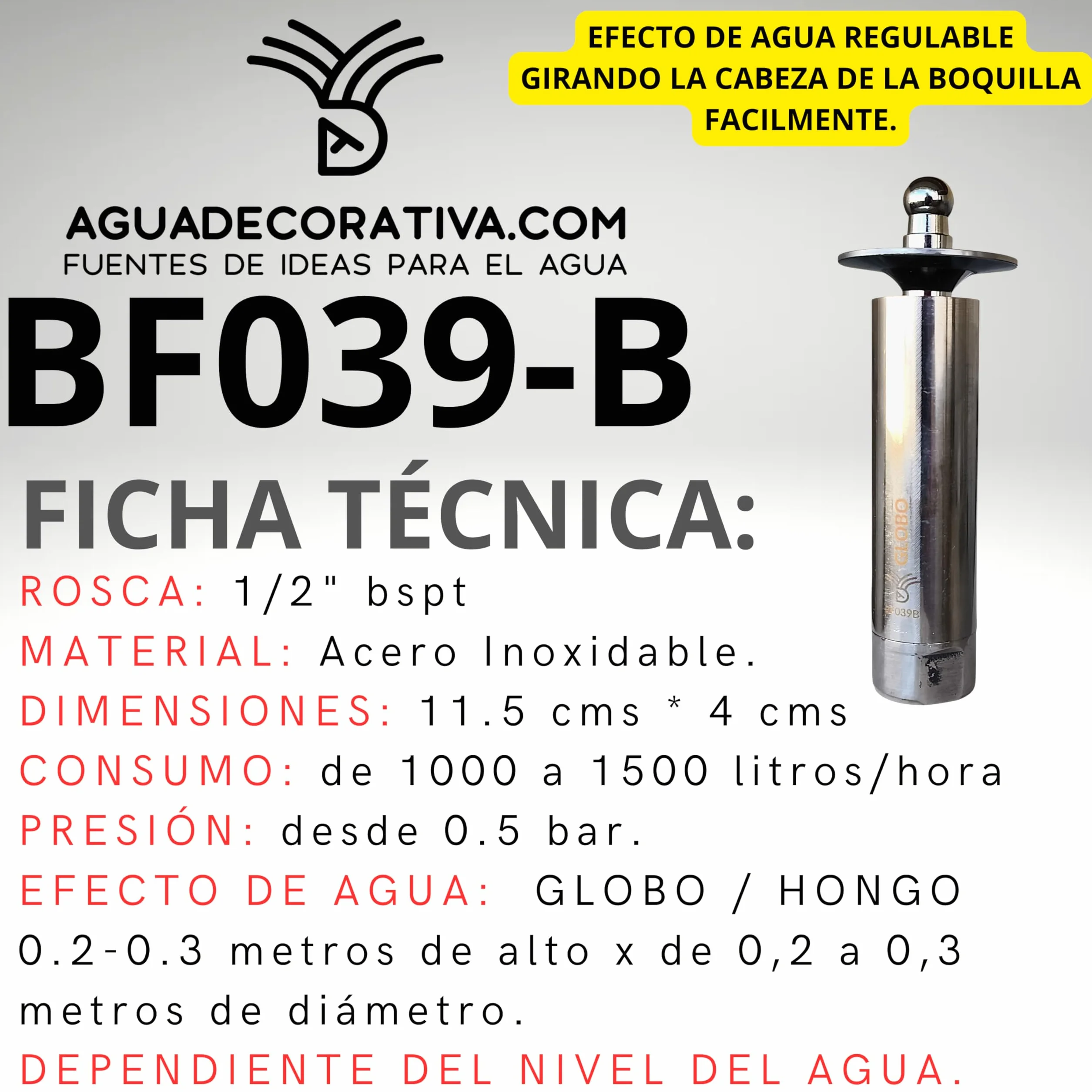 Boquillas para Fuentes de Jardín Globo 1/2" Acero Toberas Regulables