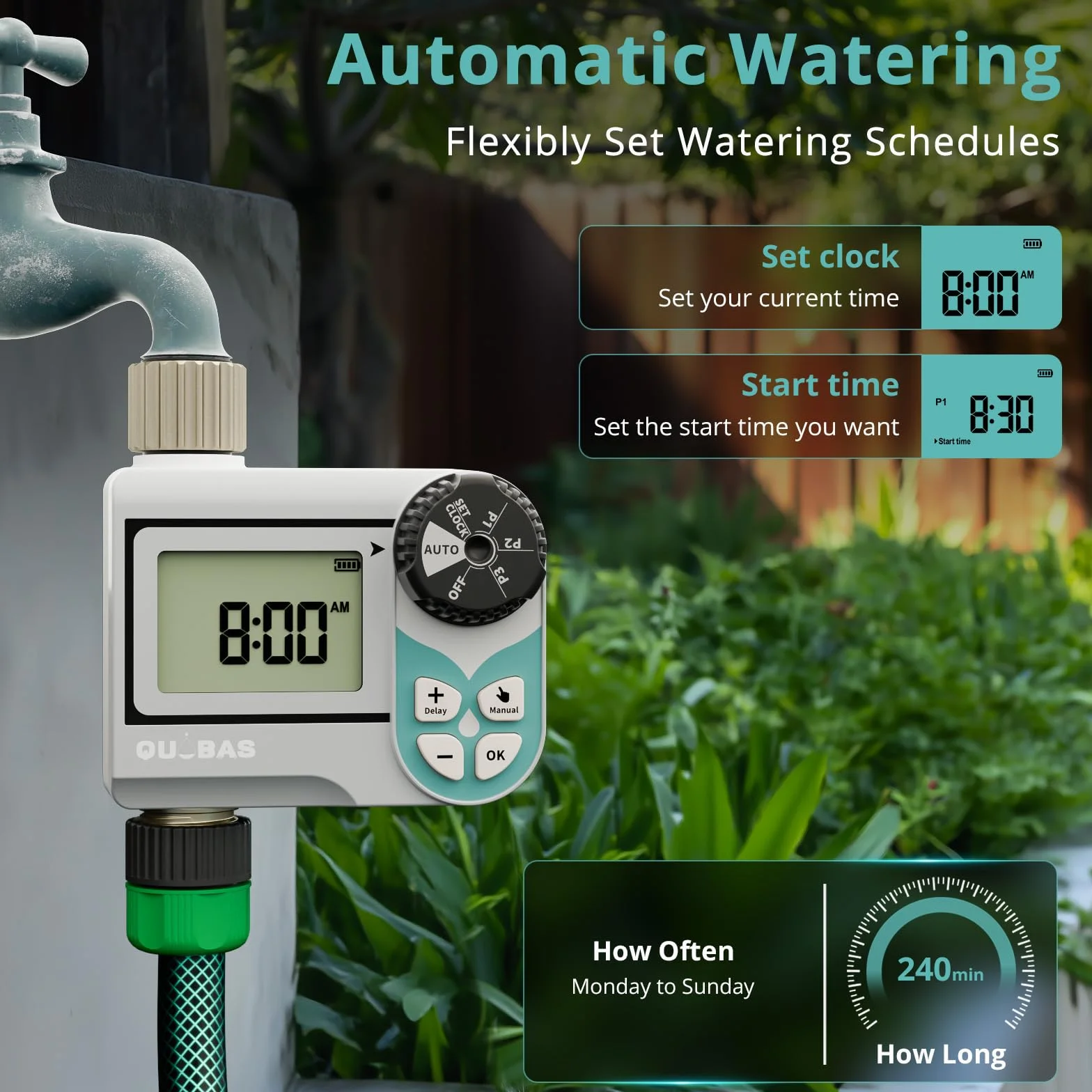 QUOBAS Temporizador de agua de baja presión, temporizador semanal programable con entrada y salida de latón para barril de lluvia, manguera de jardín, con válvula de bola y pantalla impermeable