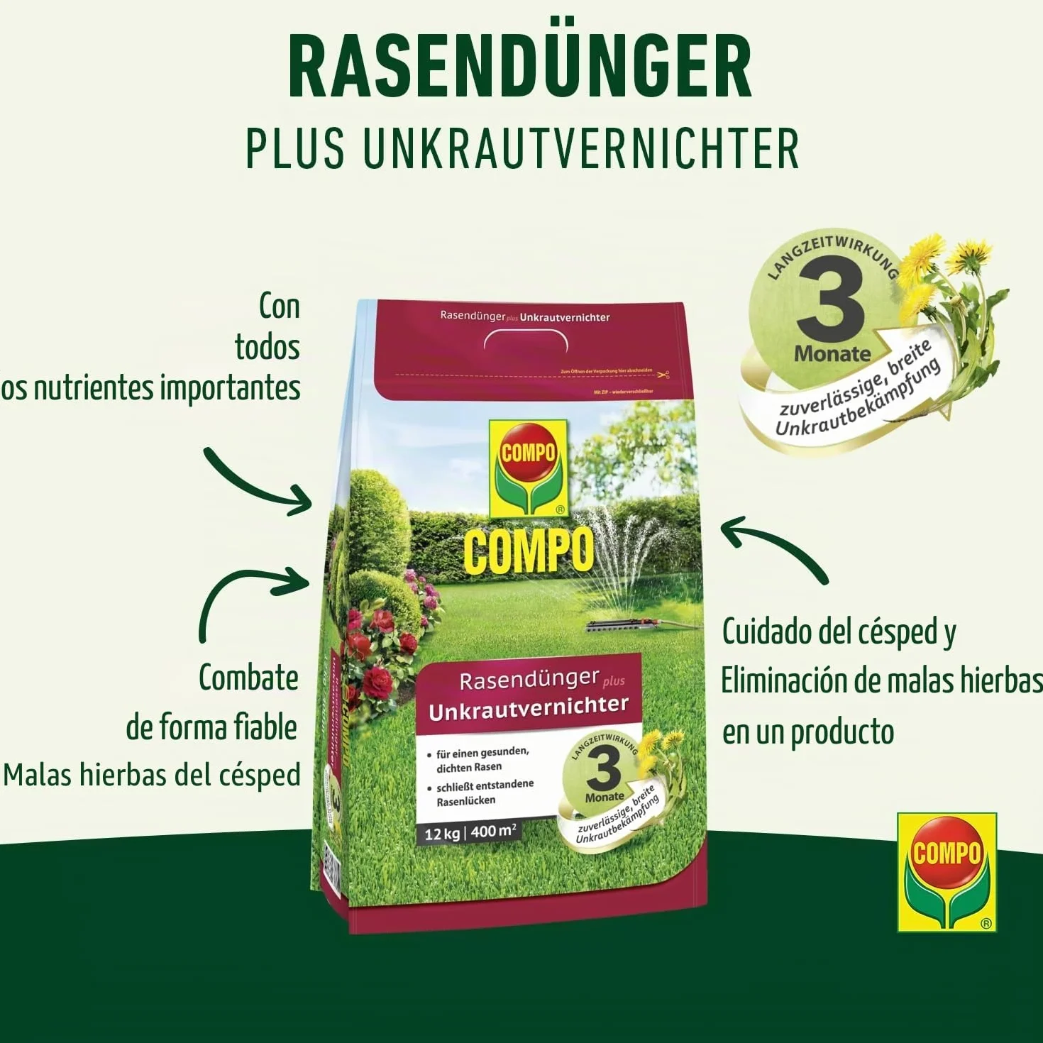 Compo Abono para césped con herbicida 12 kg 400 m² Primavera