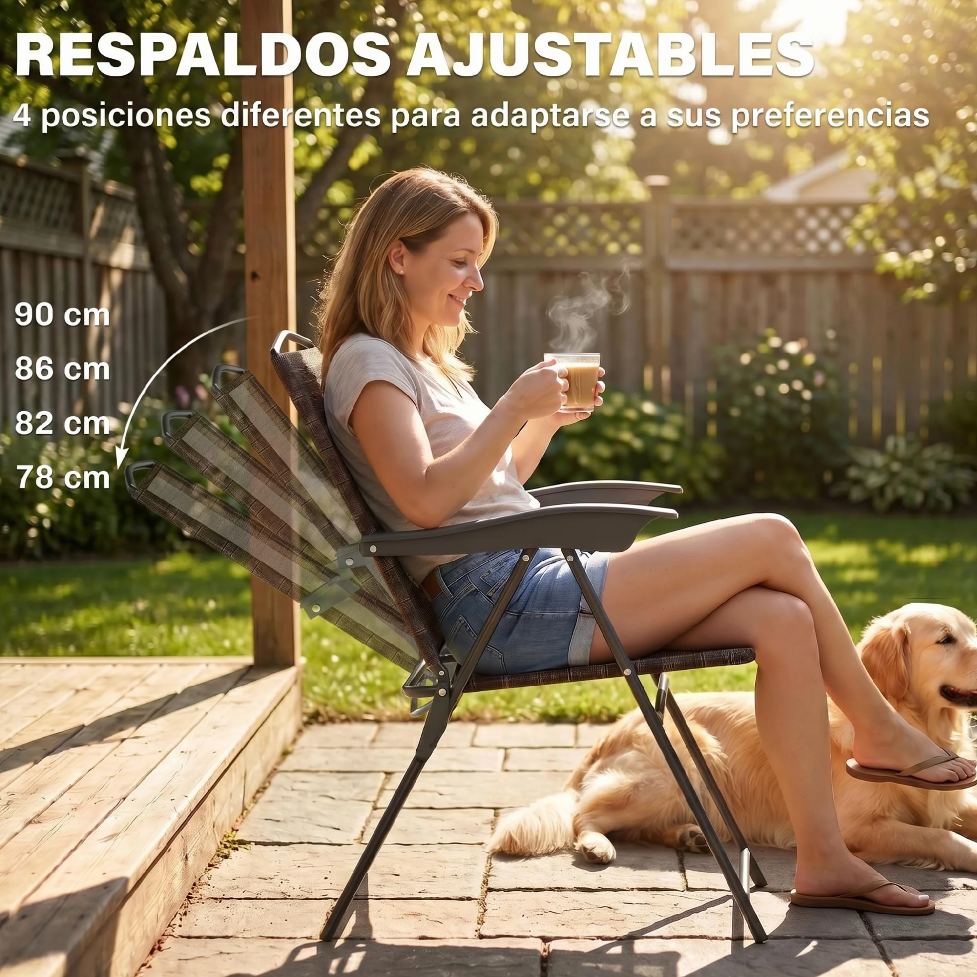 Outsunny Conjunto Mesa y 2 Sillas Jardín Exterior Plegable Respaldo Reclinable 4 Niveles Texteline Acero Marrón