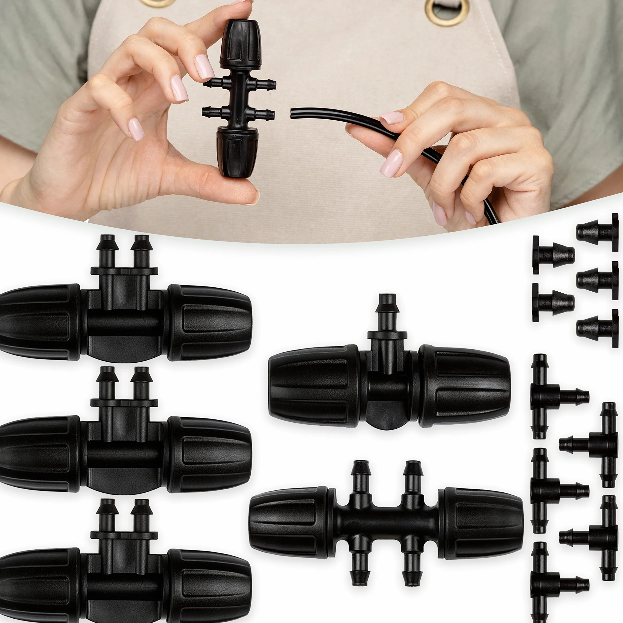 CARPATHEN Kit de accesorios de riego por goteo, conectores de 5/16 a 1/4 pulgadas, (paquete de 15), 5 conectores en T de púas para tubos de riego de 5/16 a 1/4, 5 separadores en T para tubos de 1/4, 5