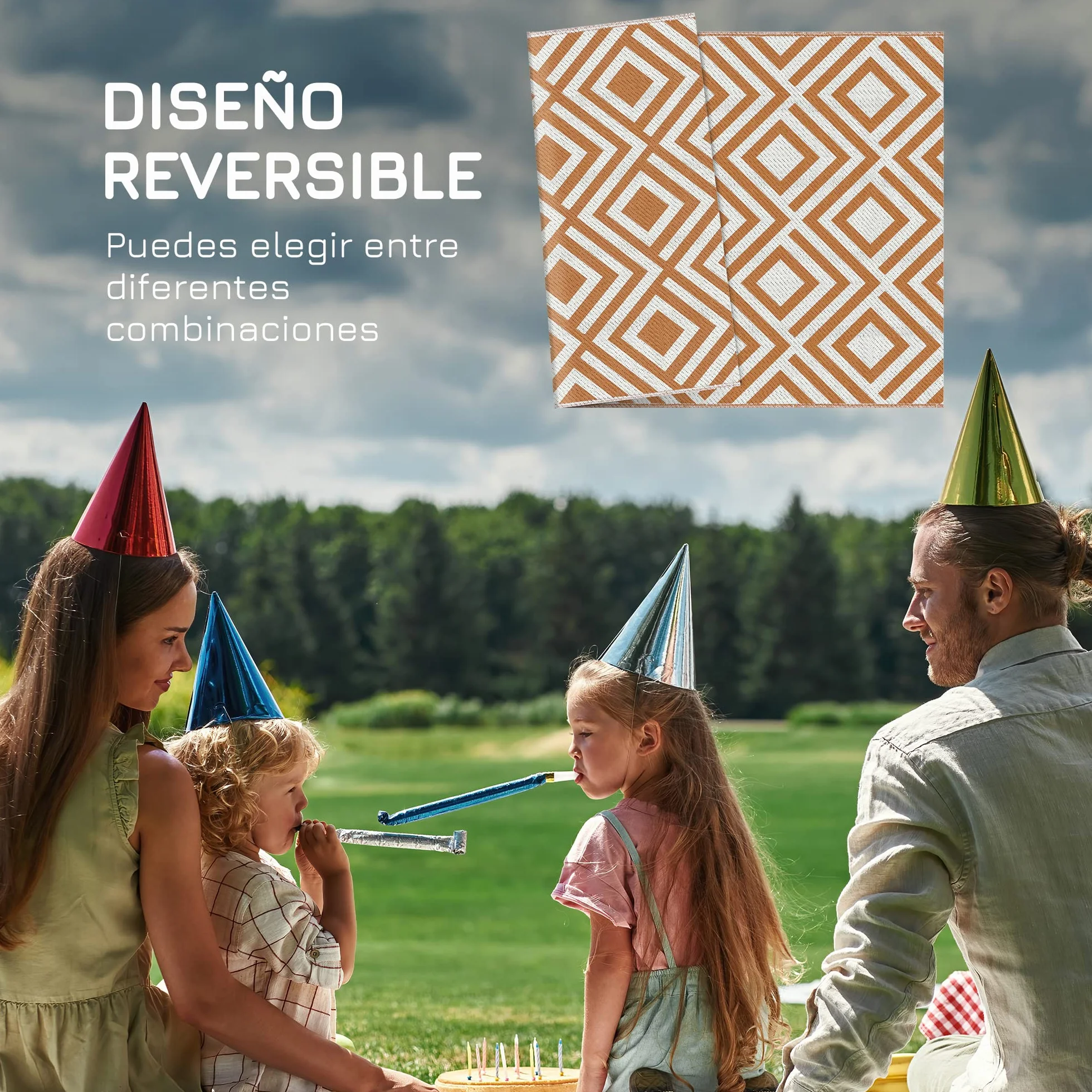 Outsunny Alfombra Exterior 182x274 cm Reversible Patrón Geométrico Rombos Impermeable Terraza Balcón Patio Rojo Blanco