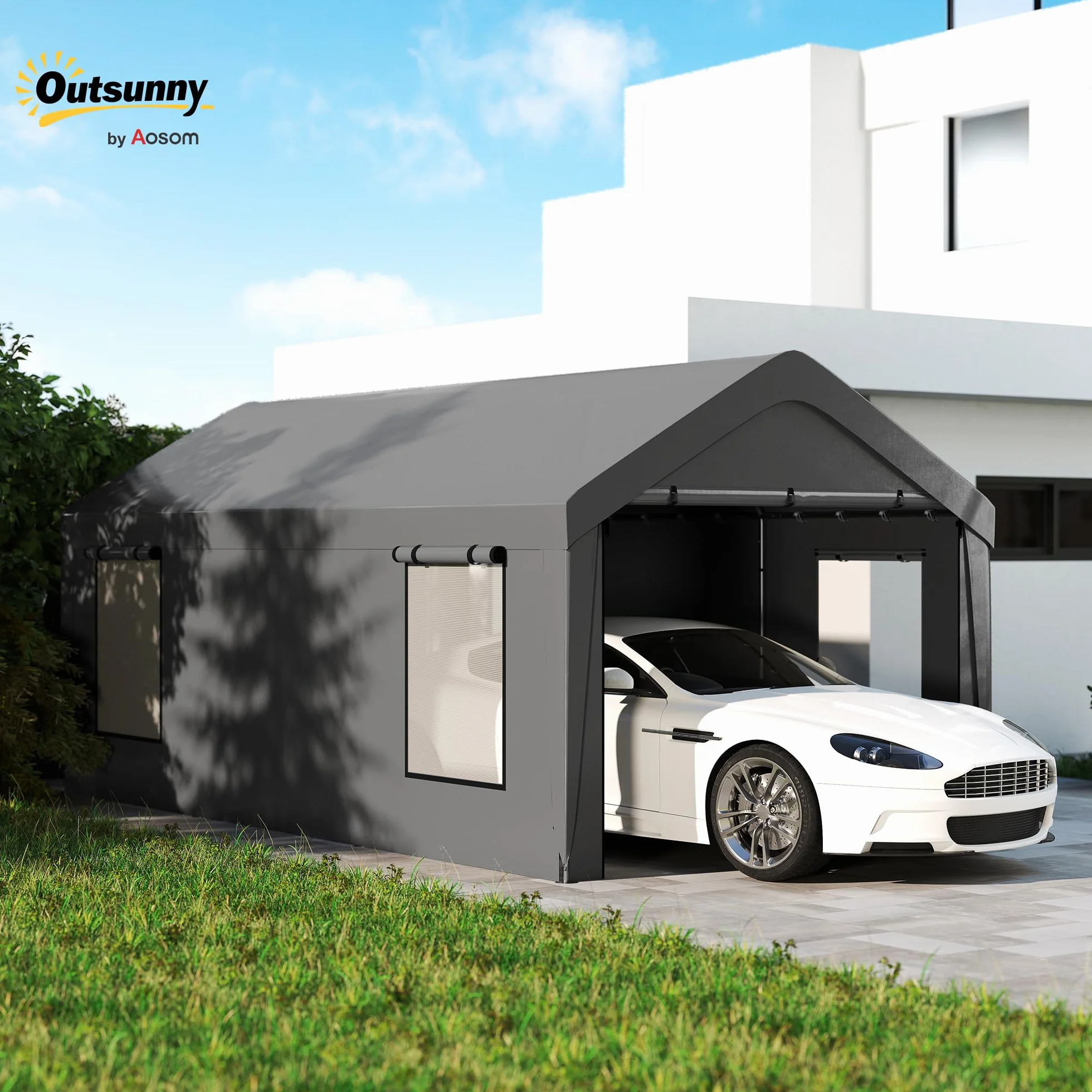 Outsunny Carport Cobertizo para coche 3x6 m 2 puertas enrollables 4 ventanas gris oscuro