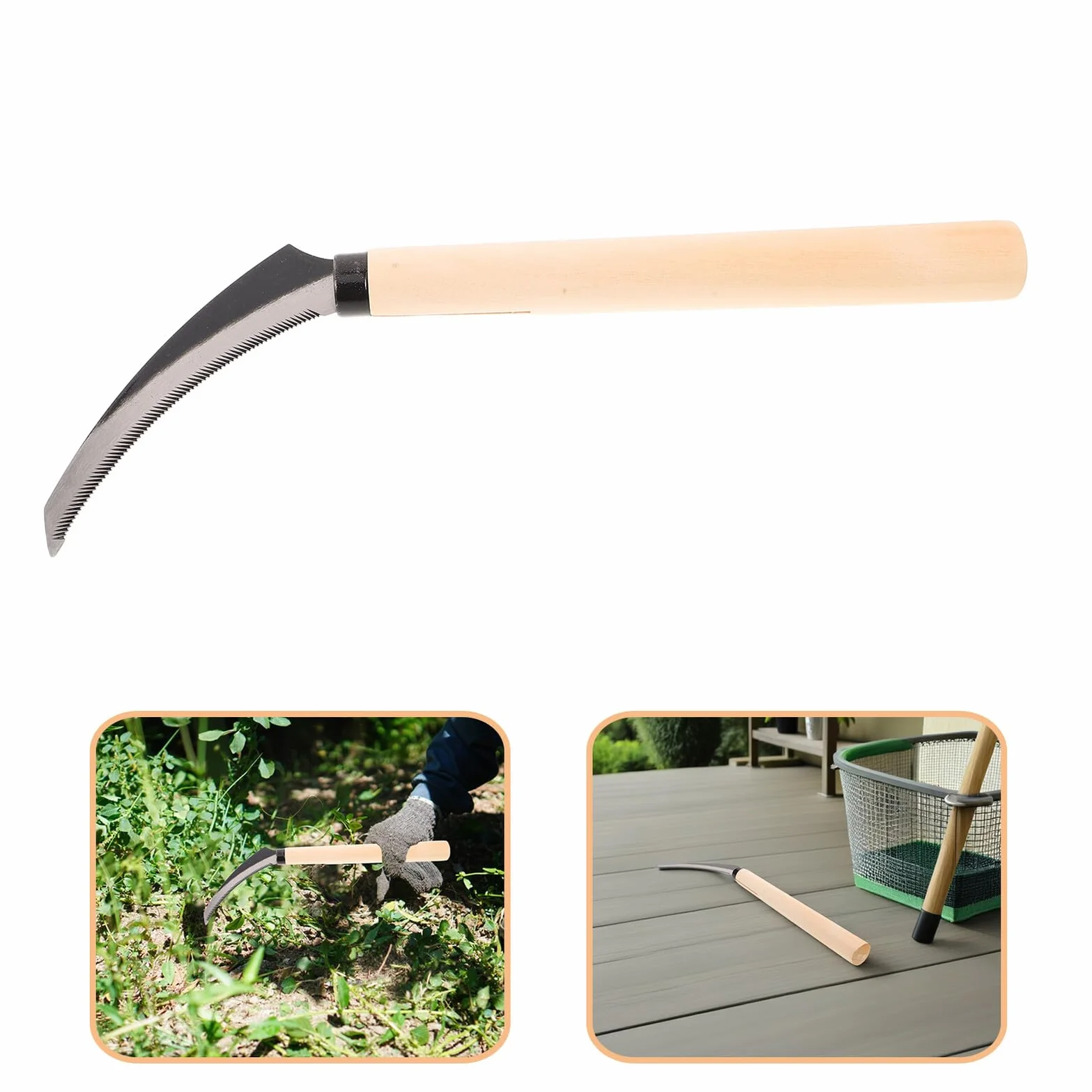 TOYANDONA Hoz Dentada de Acero con Mango de Madera para Corte de Césped y Maleza Herramienta Multifuncional para Jardinería Pesca y Deshierbe Tamaño Mediano Corte Preciso y Resistente