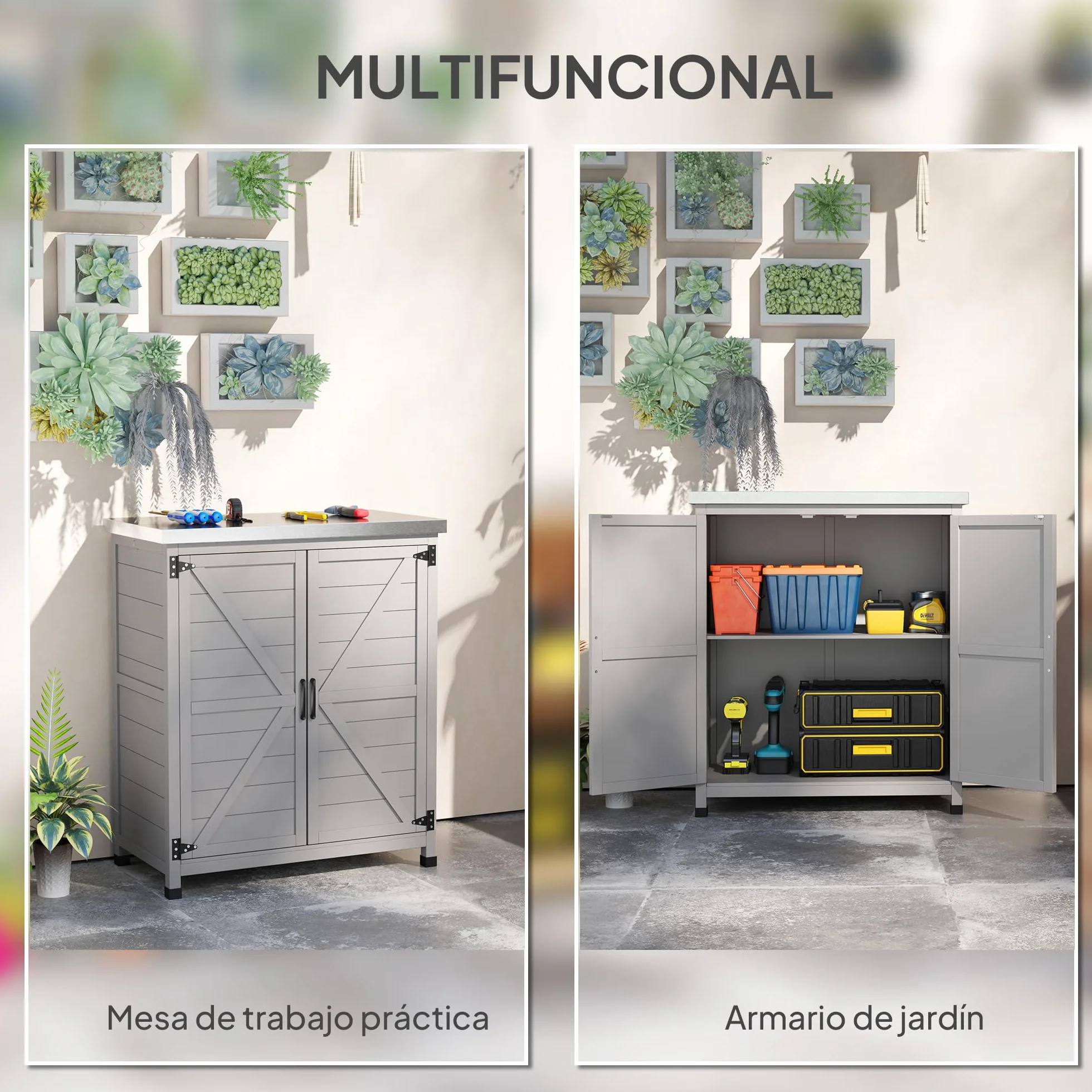 Outsunny Armario Exterior Madera Caseta Jardín Techo Acero Galvanizado 2 Puertas Almacenamiento Herramientas 79x43x92 cm Gris