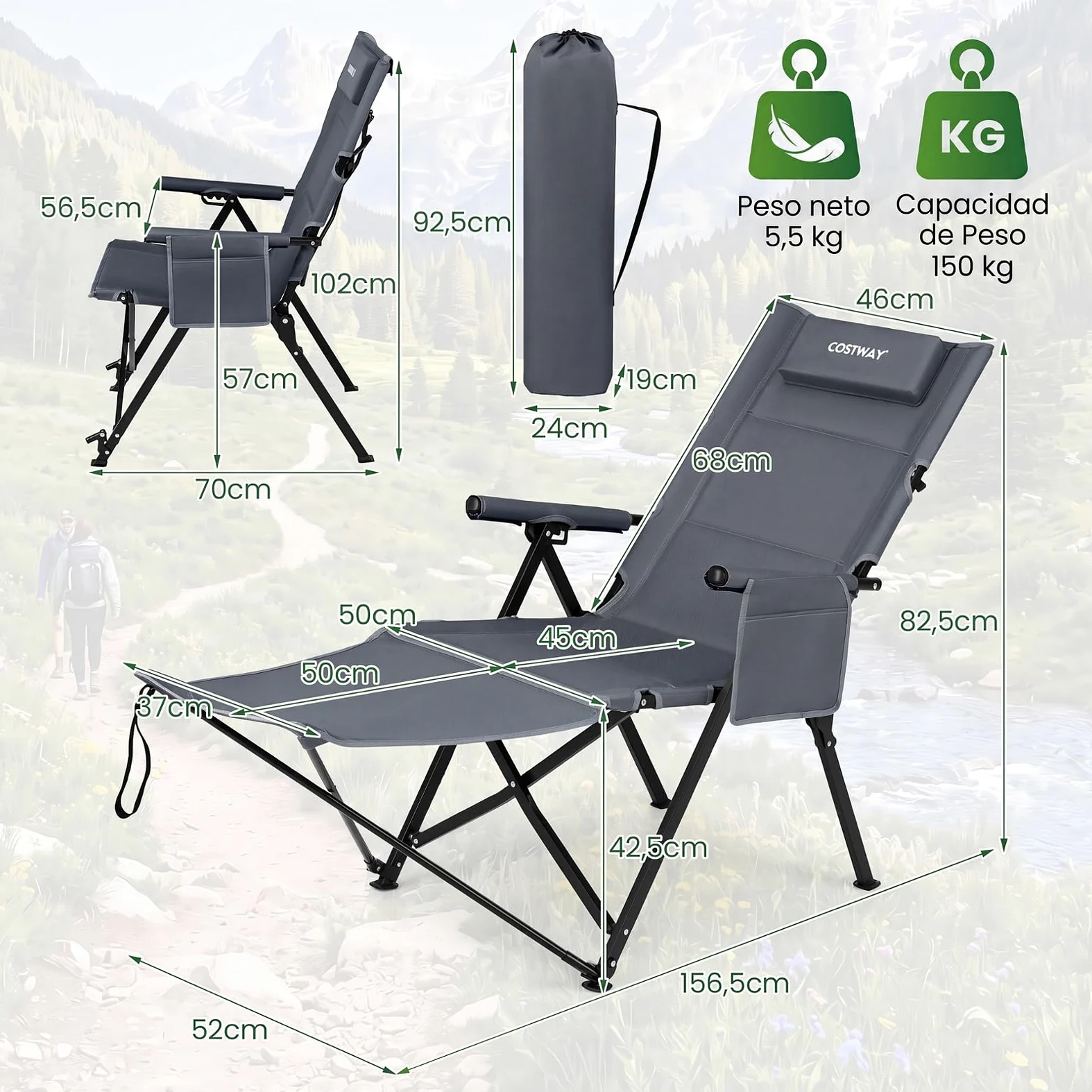 COSTWAY Silla Plegable Camping con Reposapiés Desmontable (Gris) | Tumbona Reclinable con Respaldo Ajustable de 4 Niveles, Reposacabezas, Bolsillo Lateral, Bolsa de Transporte, Jardin Playa Pi