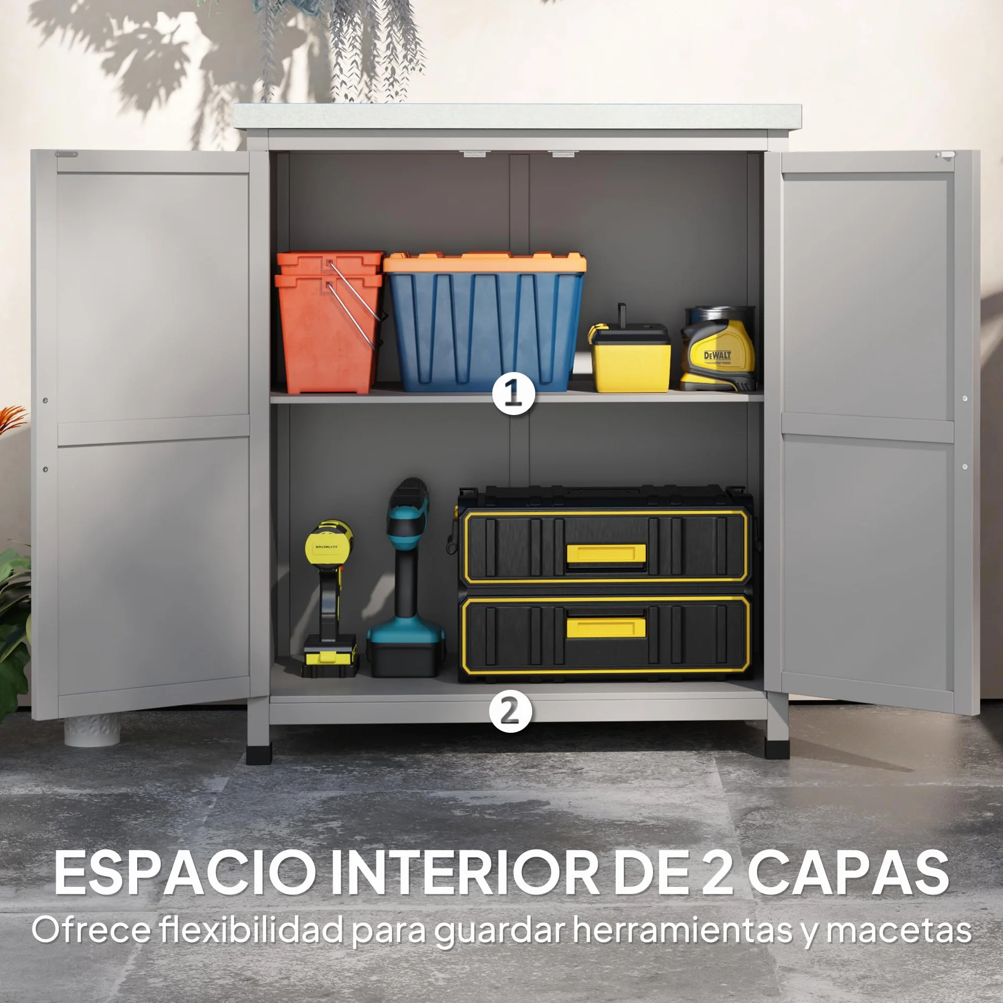 Outsunny Armario Exterior Madera Caseta Jardín Techo Acero Galvanizado 2 Puertas Almacenamiento Herramientas 79x43x92 cm Gris