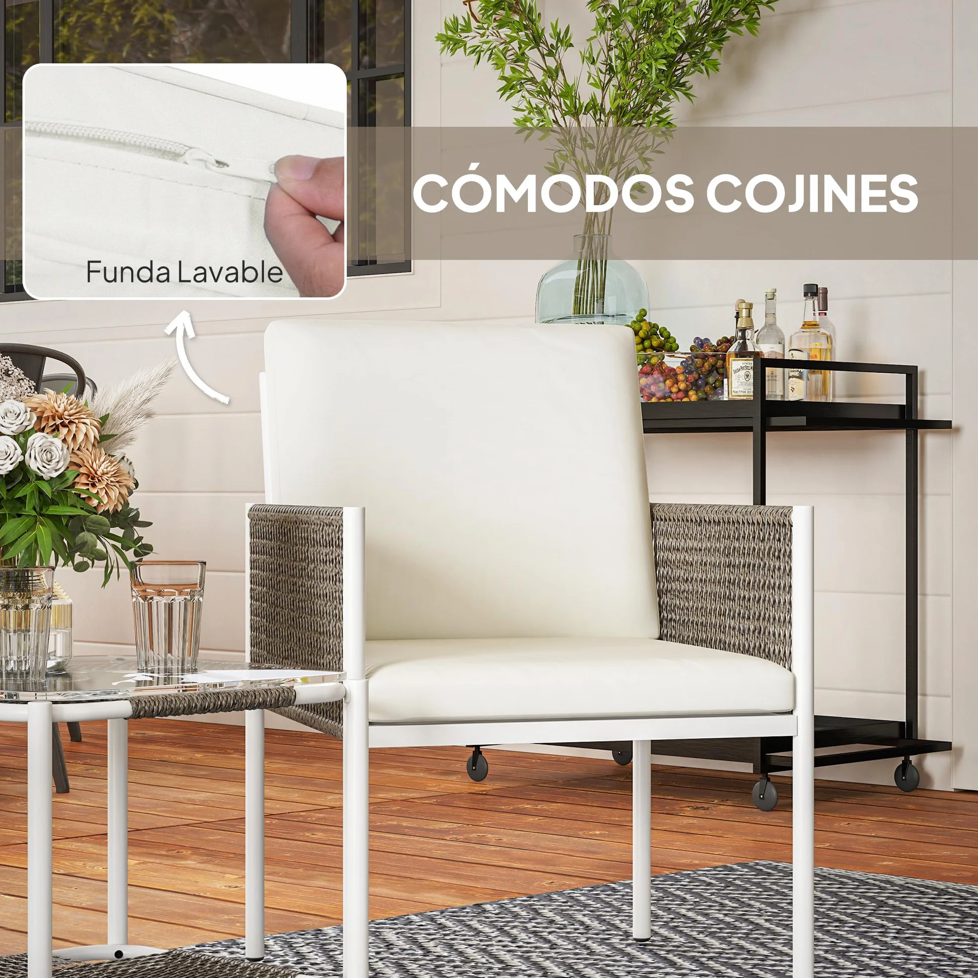Outsunny Conjunto de Jardín 3 Piezas Mesa y 2 Sillas Ratán con Encimera Vidrio Cojines Acolchados Marrón Crema
