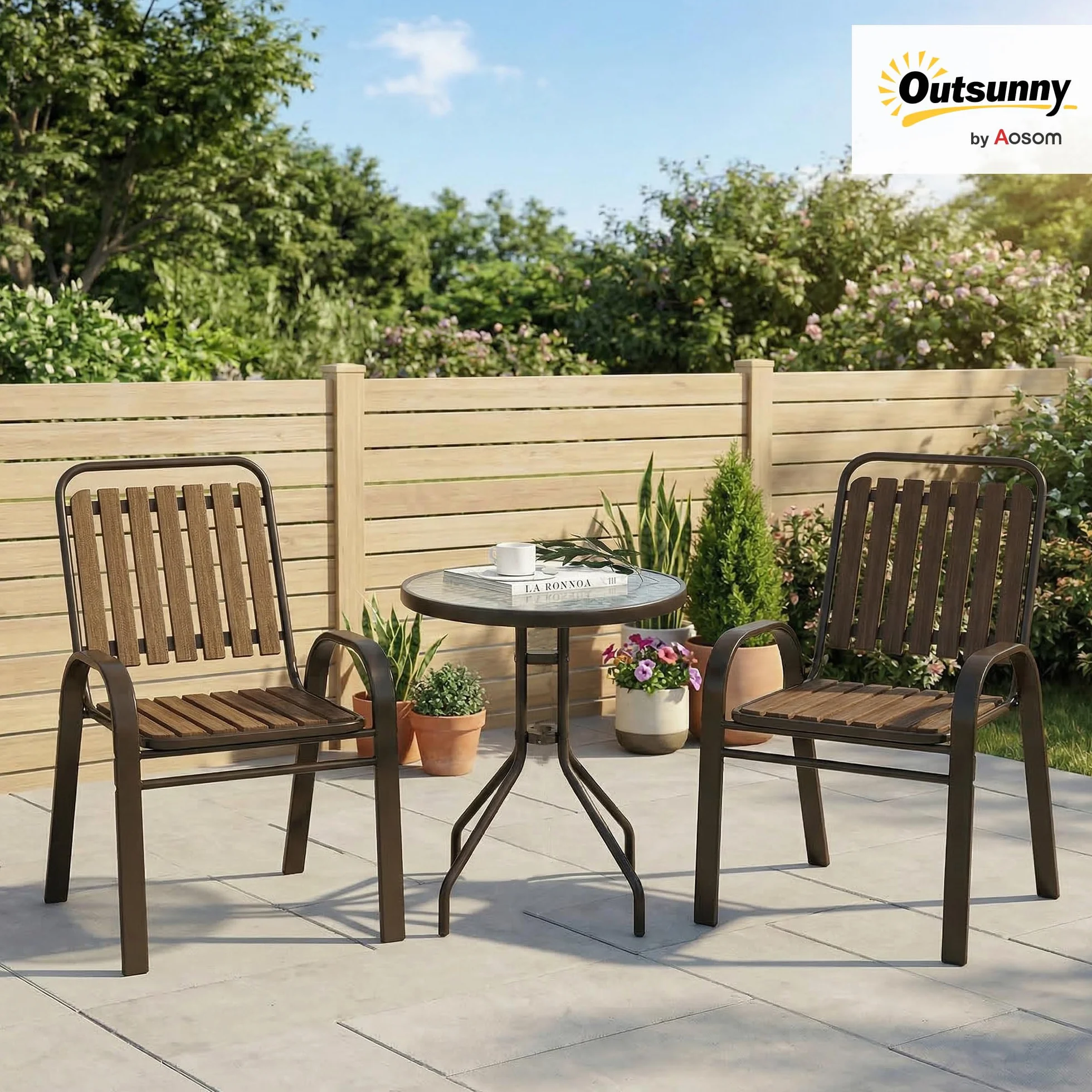 Outsunny Conjunto Jardín 3 Piezas Muebles Jardín Sillas Apilables Mesa Vidrio Templado Acero Terraza Patio Marrón Oscuro