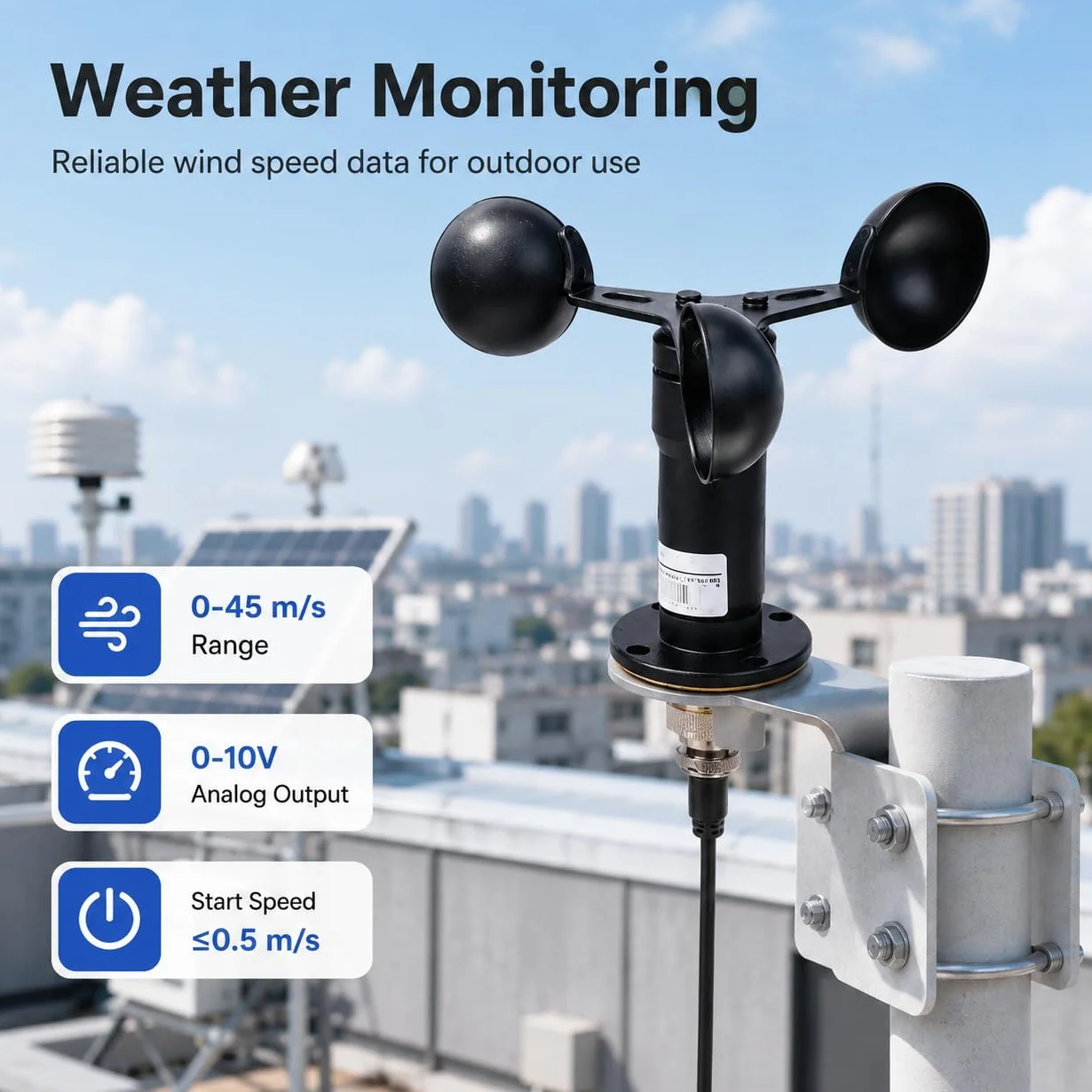 Anemómetro Sensor de velocidad del viento Aleación de aluminio DC 12-24V para invernadero estación meteorológica