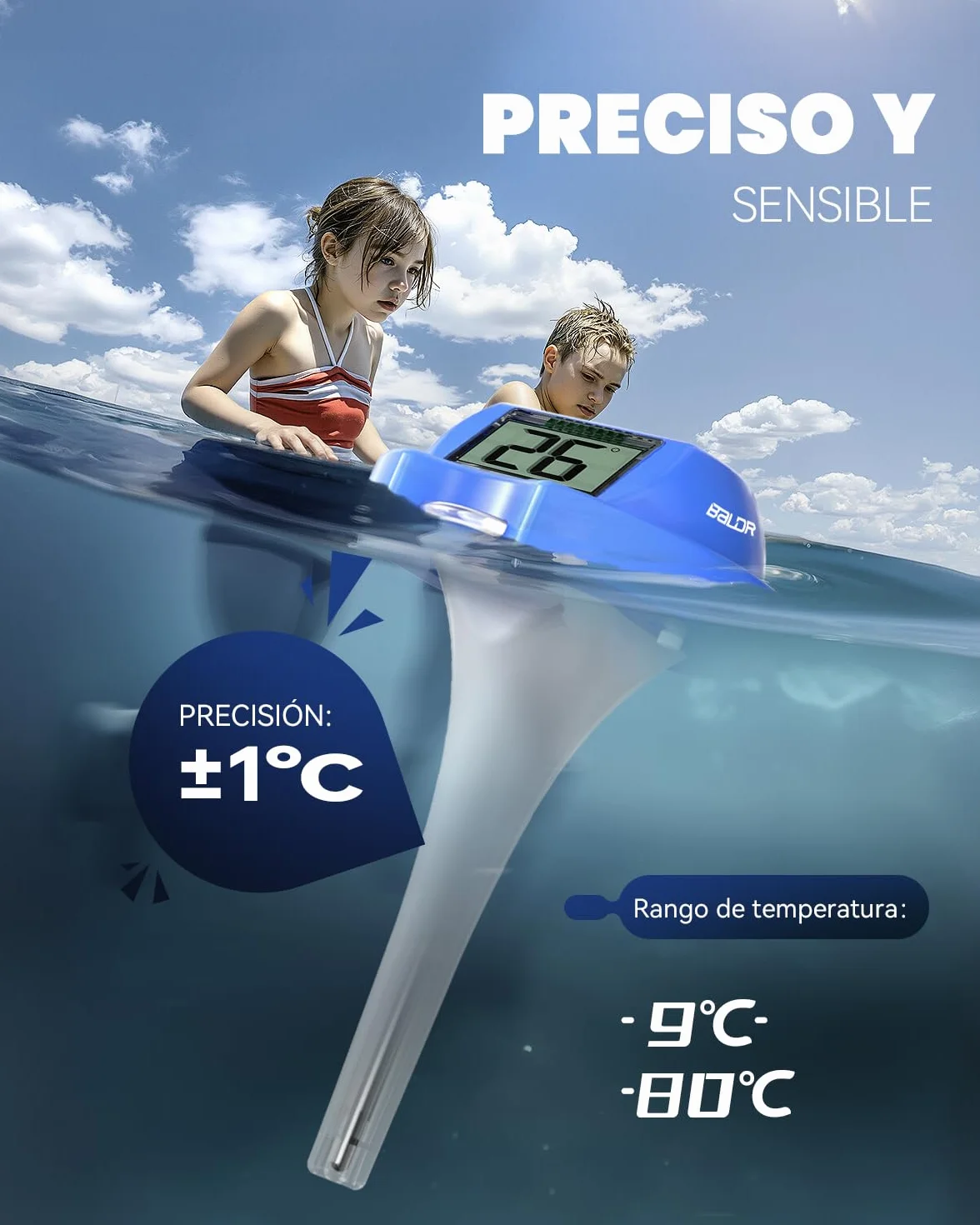 BALDR Termómetro piscina solar flotante IPX7 impermeable doble pantalla antirreflejos