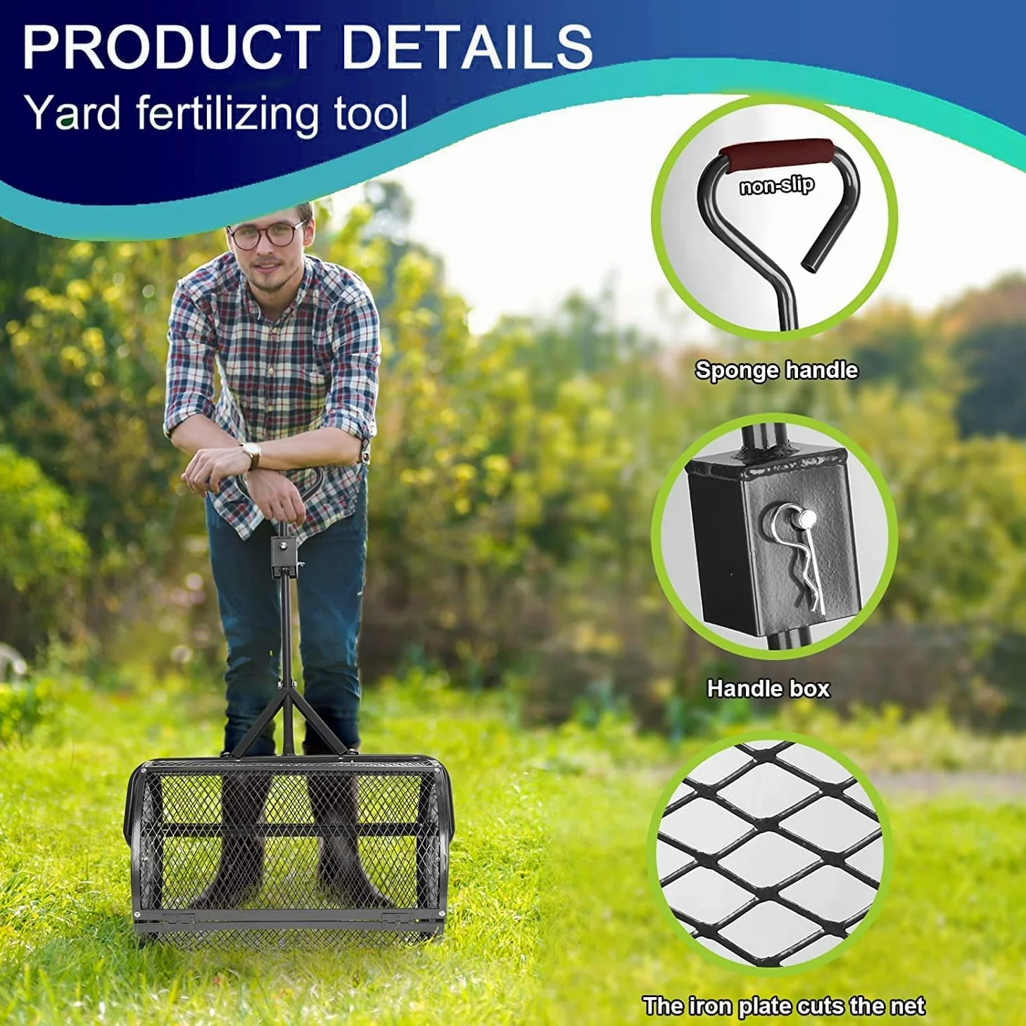 Esparcidor de compost, herramienta de malla de metal duradera con mango triangular para césped y jardín, ideal para plantar, sembrar y esparcir estiércol