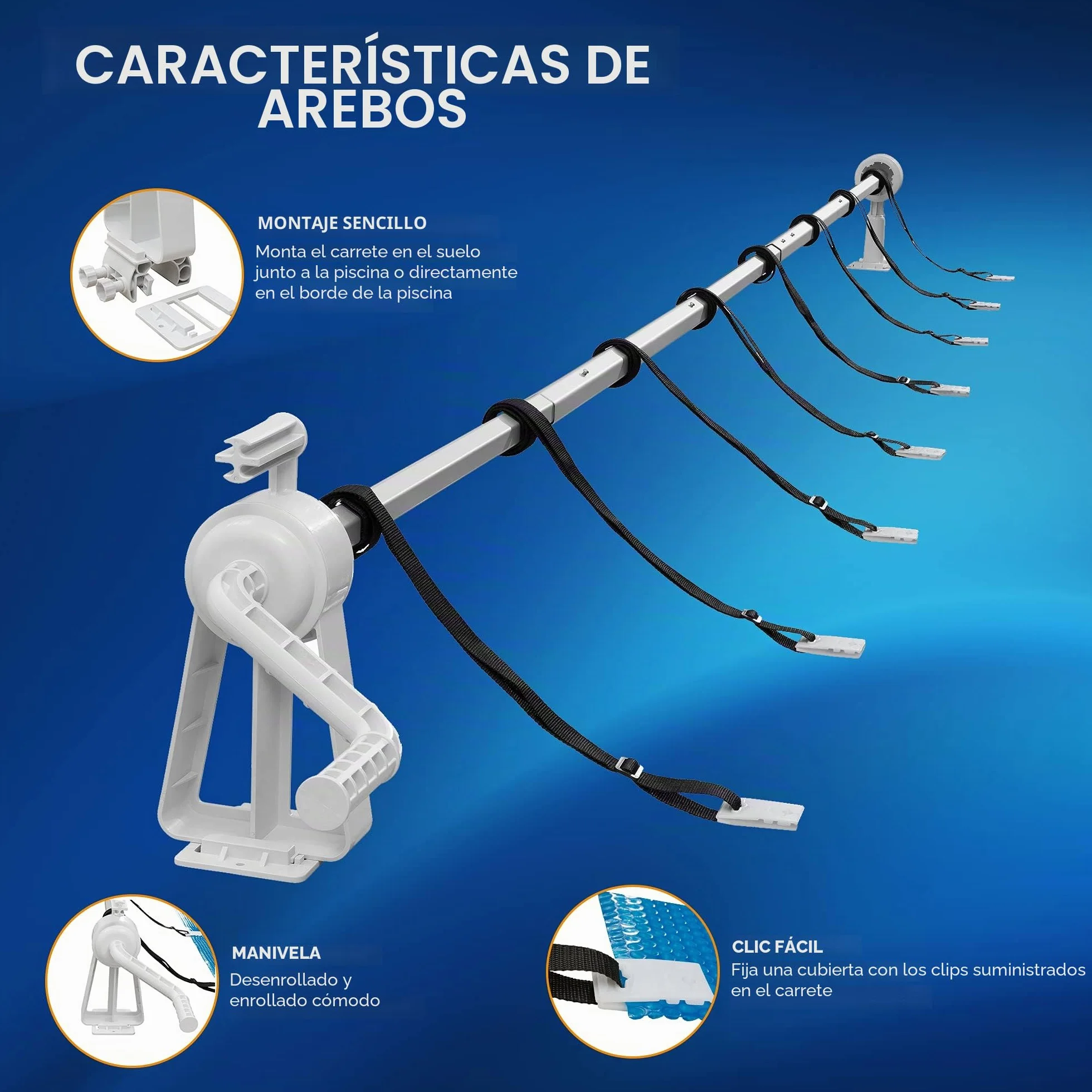 Arebos Enrollador de Piscina Premium Sistema Enrollable 1,05-6,15 m para Lonas solares y de Piscina Material Resistente a la Intemperie