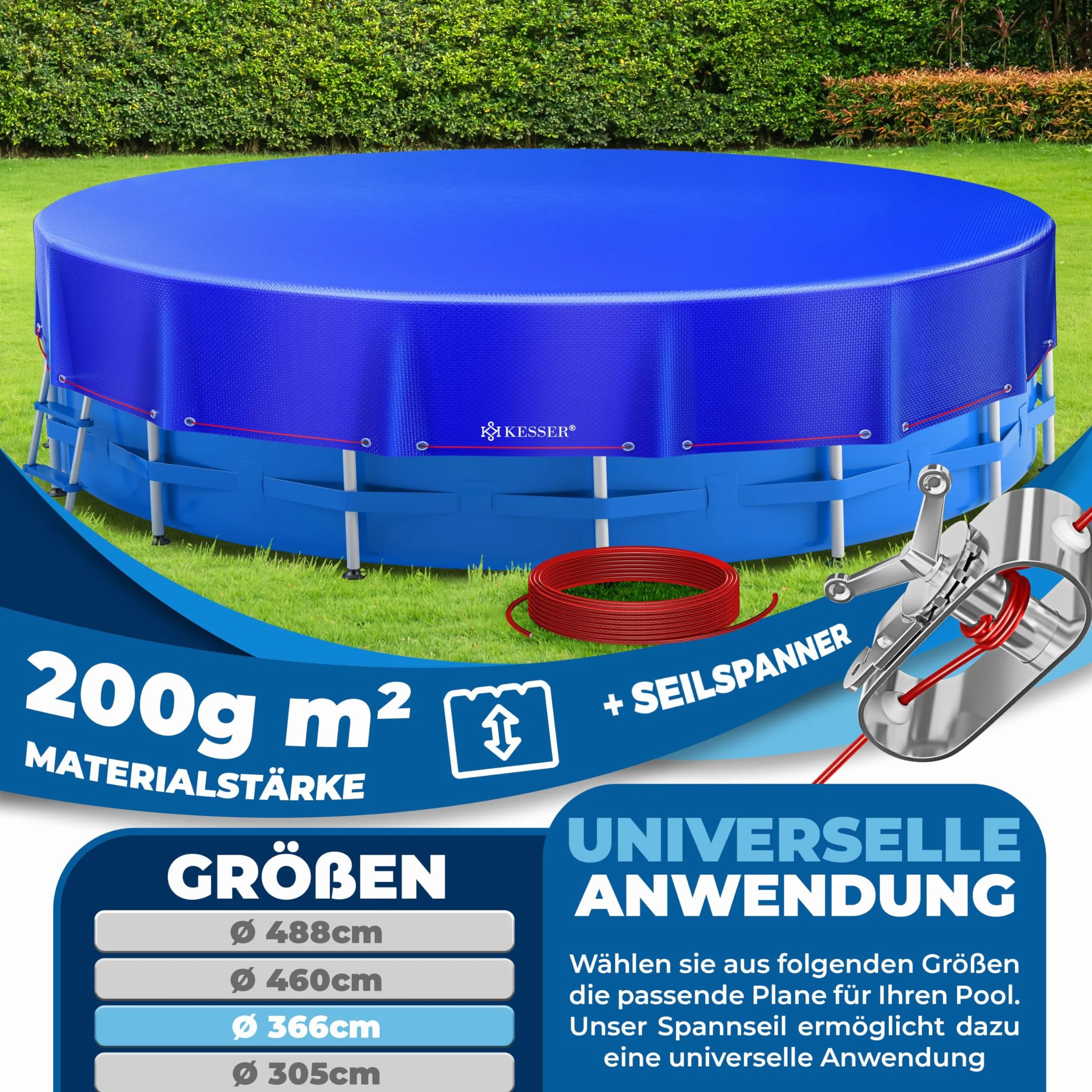 KESSER Cubierta solar para piscina redonda 366 cm 200 g/m² polietileno