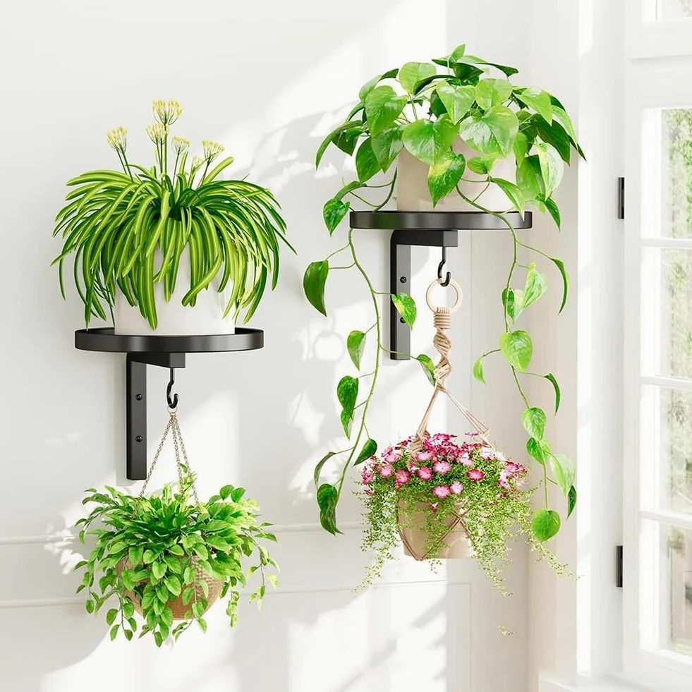 Colgador de pared para plantas, paquete de 2 soportes para macetas para interiores y exteriores, jardín, resistente, resistente al agua, diseño de borde elevado, instalación de decoración moderna